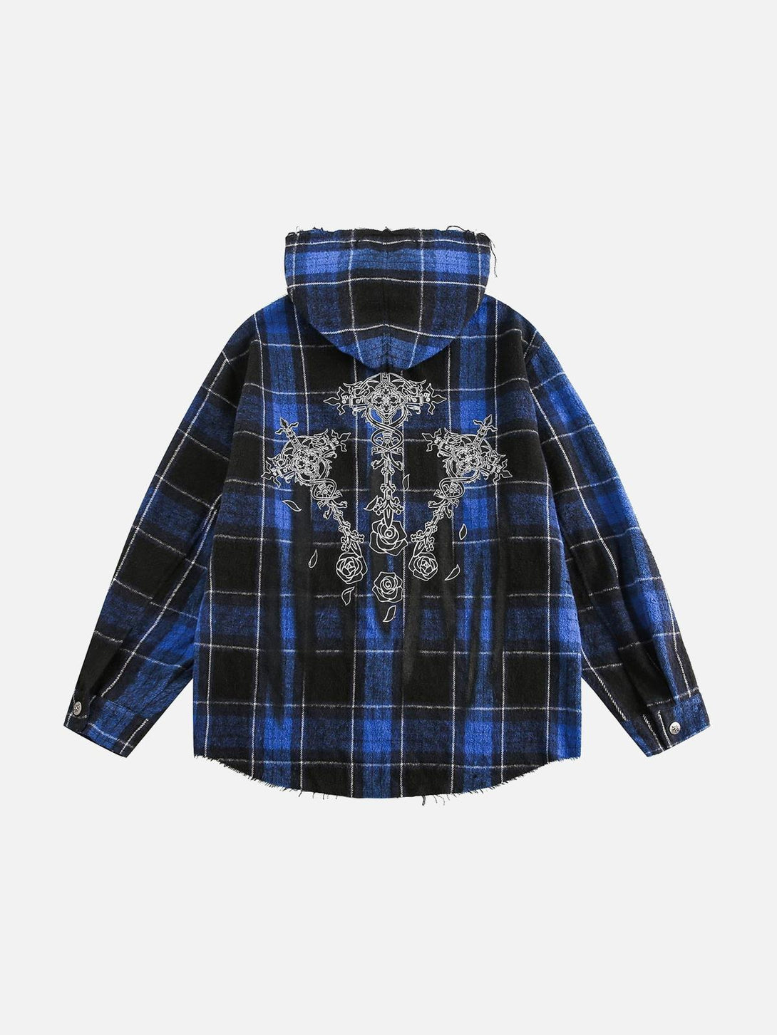 Back view of TALISHKO's blue plaid hooded shirt, featuring intricate embroidery design.