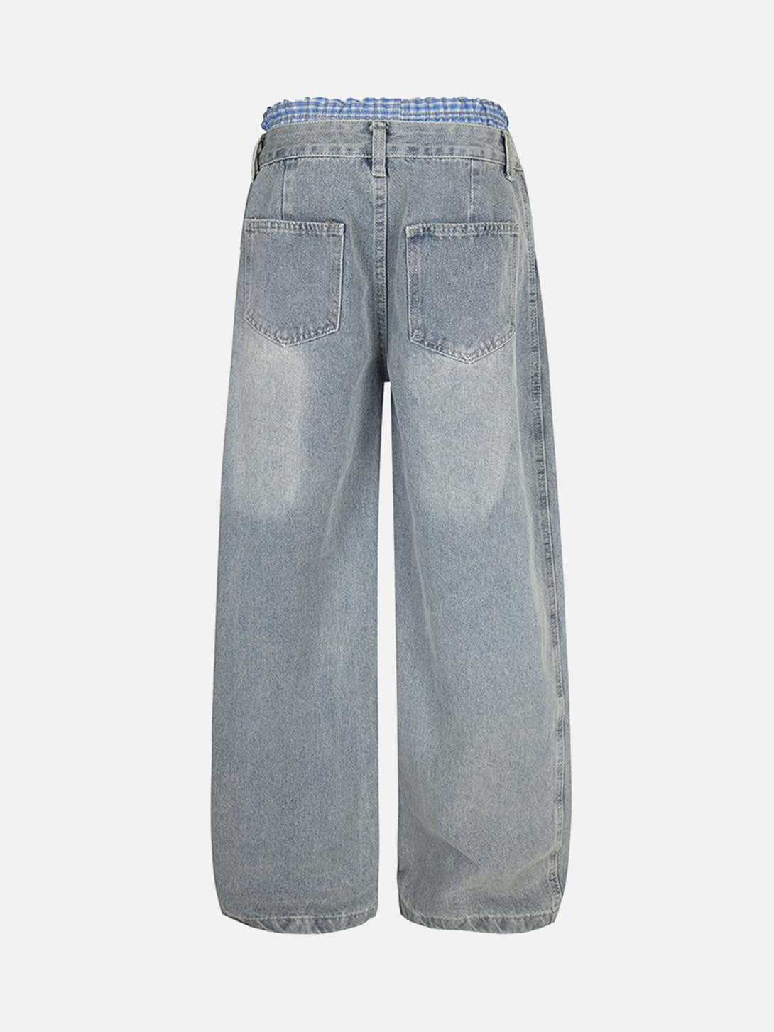 Back view of baggy jeans featuring a plaid double waist design by TALISHKO.