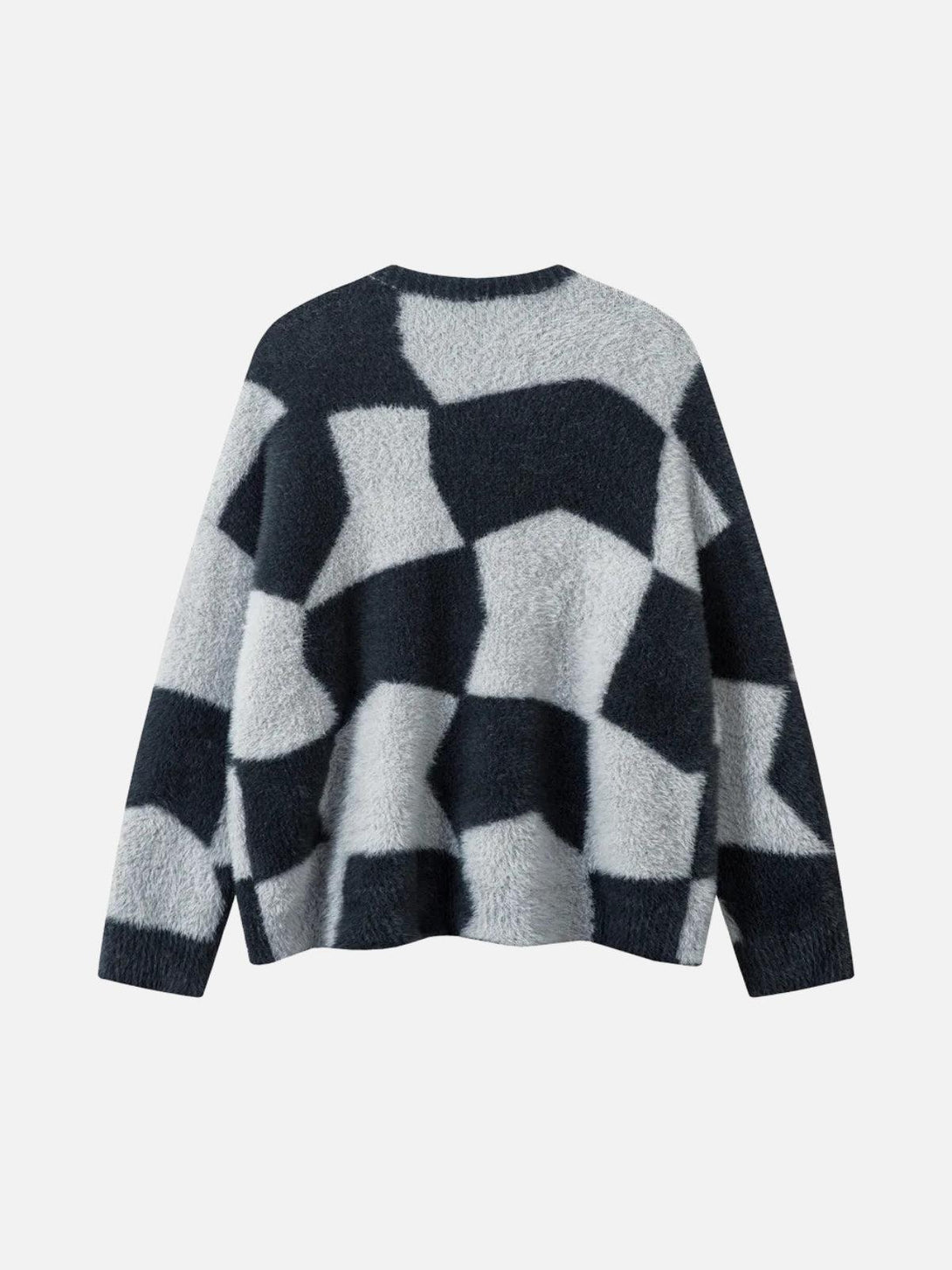 Back view of TALISHKO sweater with a black and gray abstract pattern, highlighting its fluffy texture.