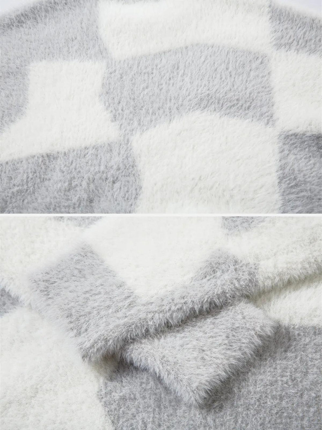 Fluffy texture and pattern of TALISHKO plaid embroidered sweater in gray and white.