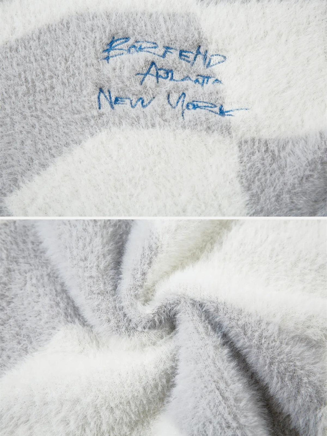 Zoomed-in texture of the TALISHKO plaid embroidered sweater, showcasing its soft, fluffy fabric.