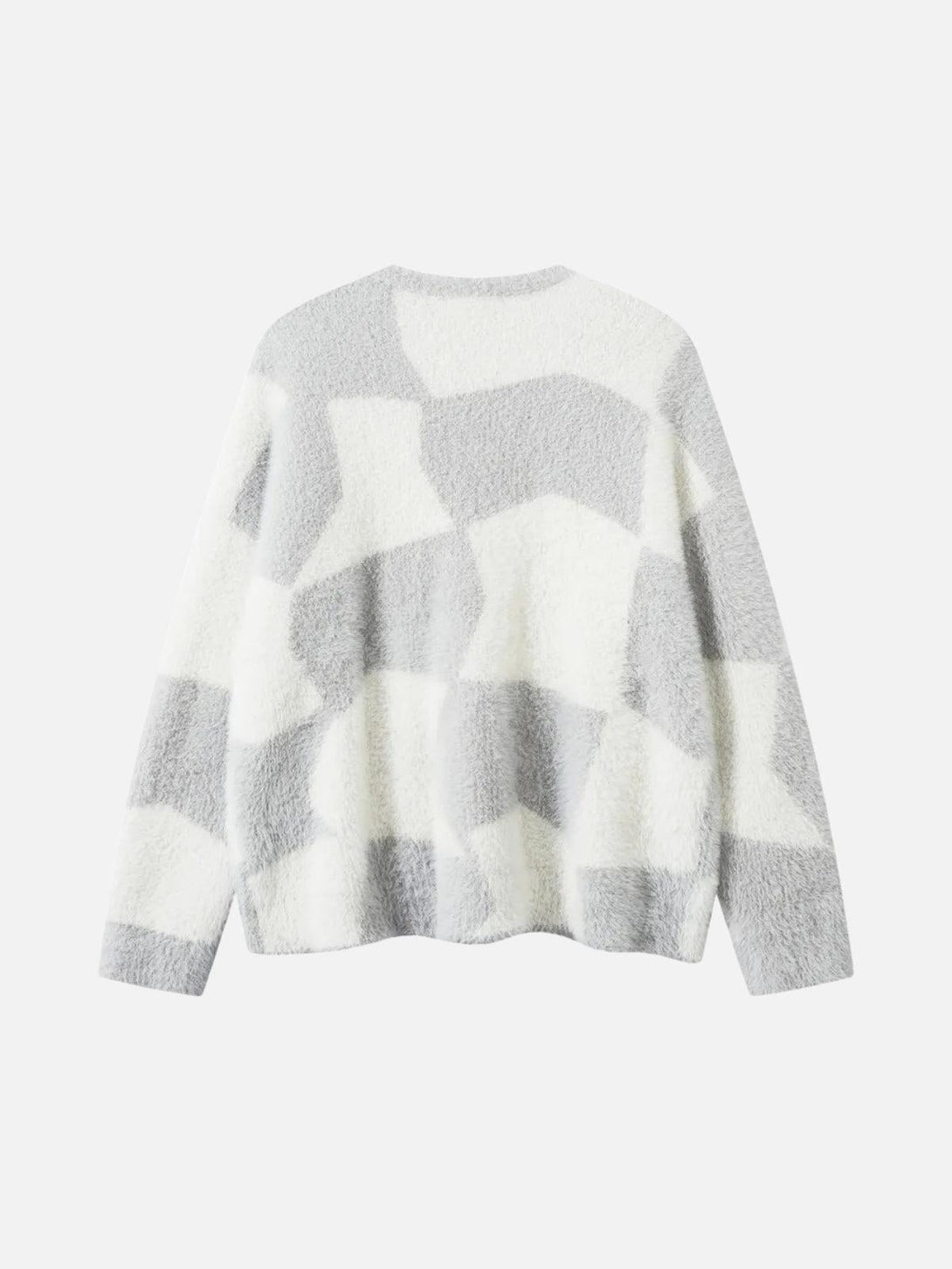 Back view of TALISHKO plaid embroidered sweater in gray and white, highlighting its cozy texture.