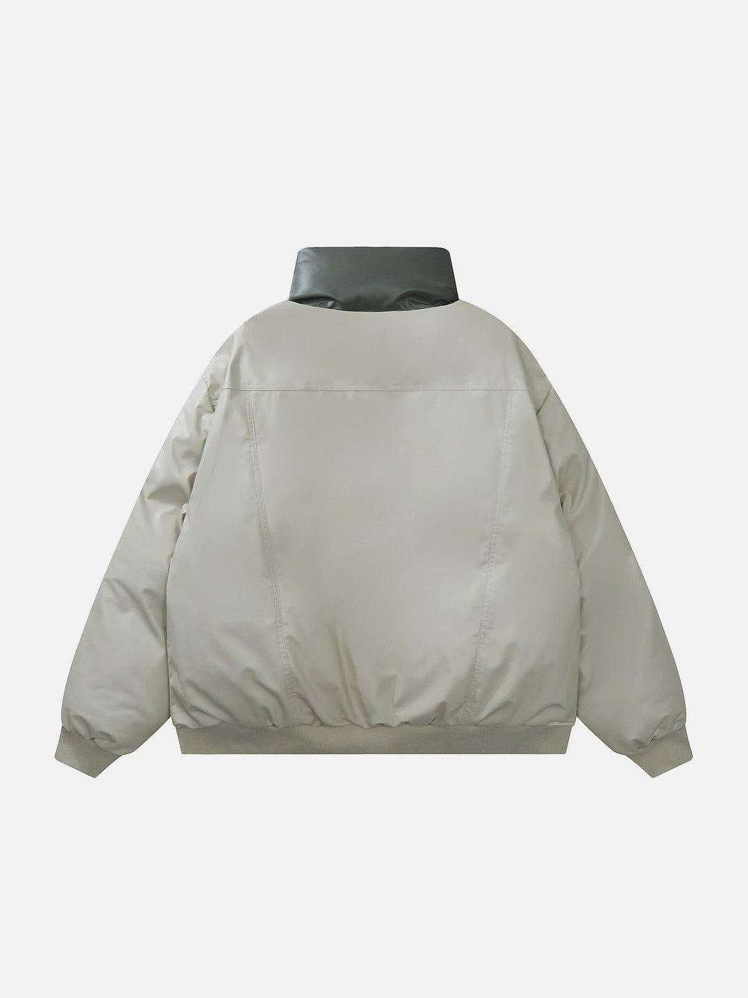 Back view of a plaid leather winter coat by TALISHKO, showcasing sleek design details.