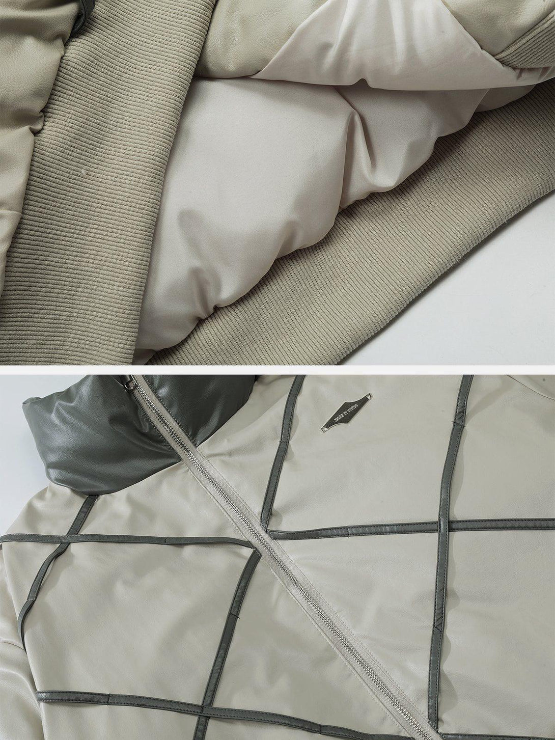 Detailed texture of a plaid leather winter coat by TALISHKO, highlighting its stylish stitching.