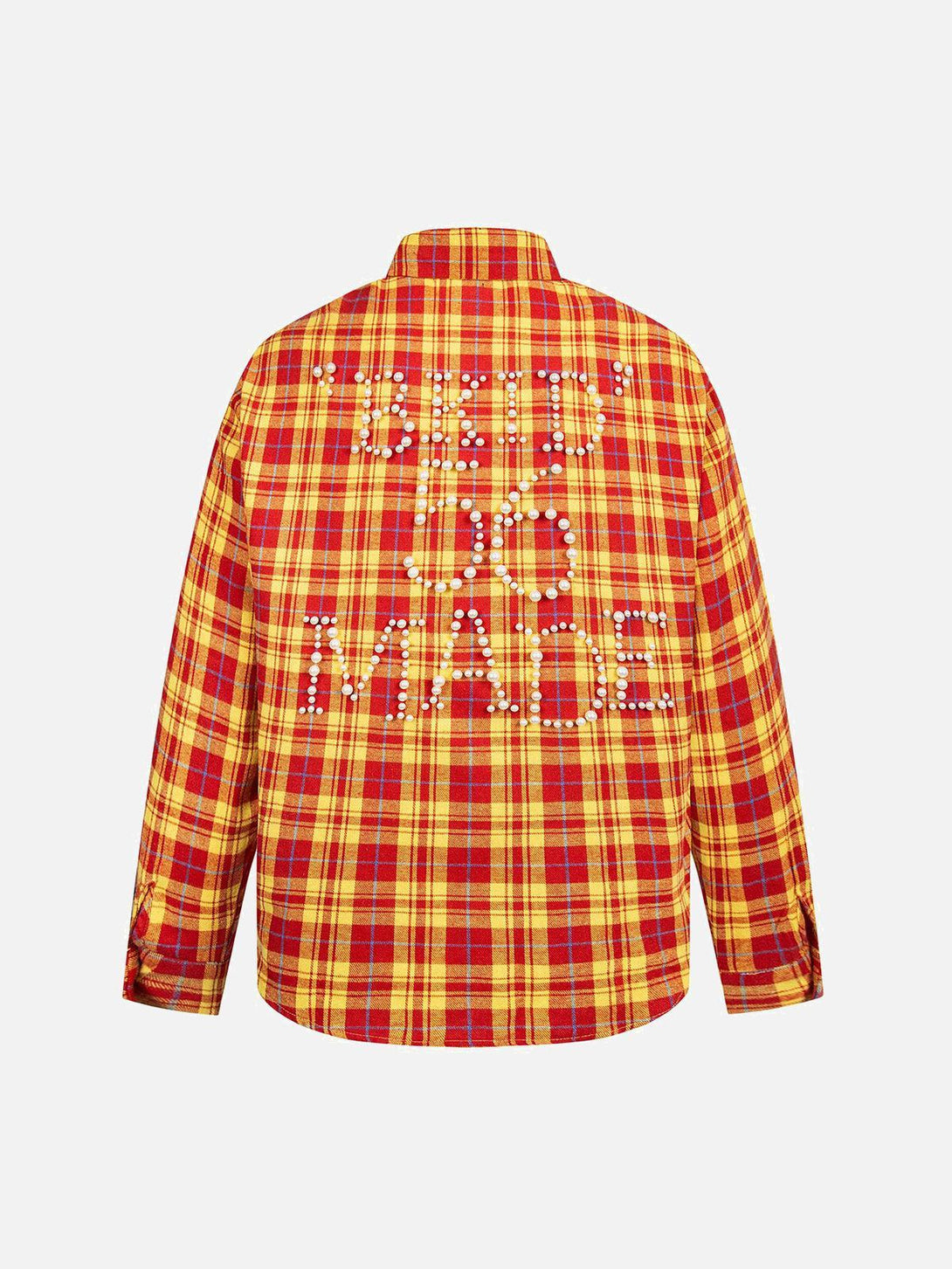 Back view of TALISHKO's yellow plaid long sleeve shirt with pearl-embellished lettering.