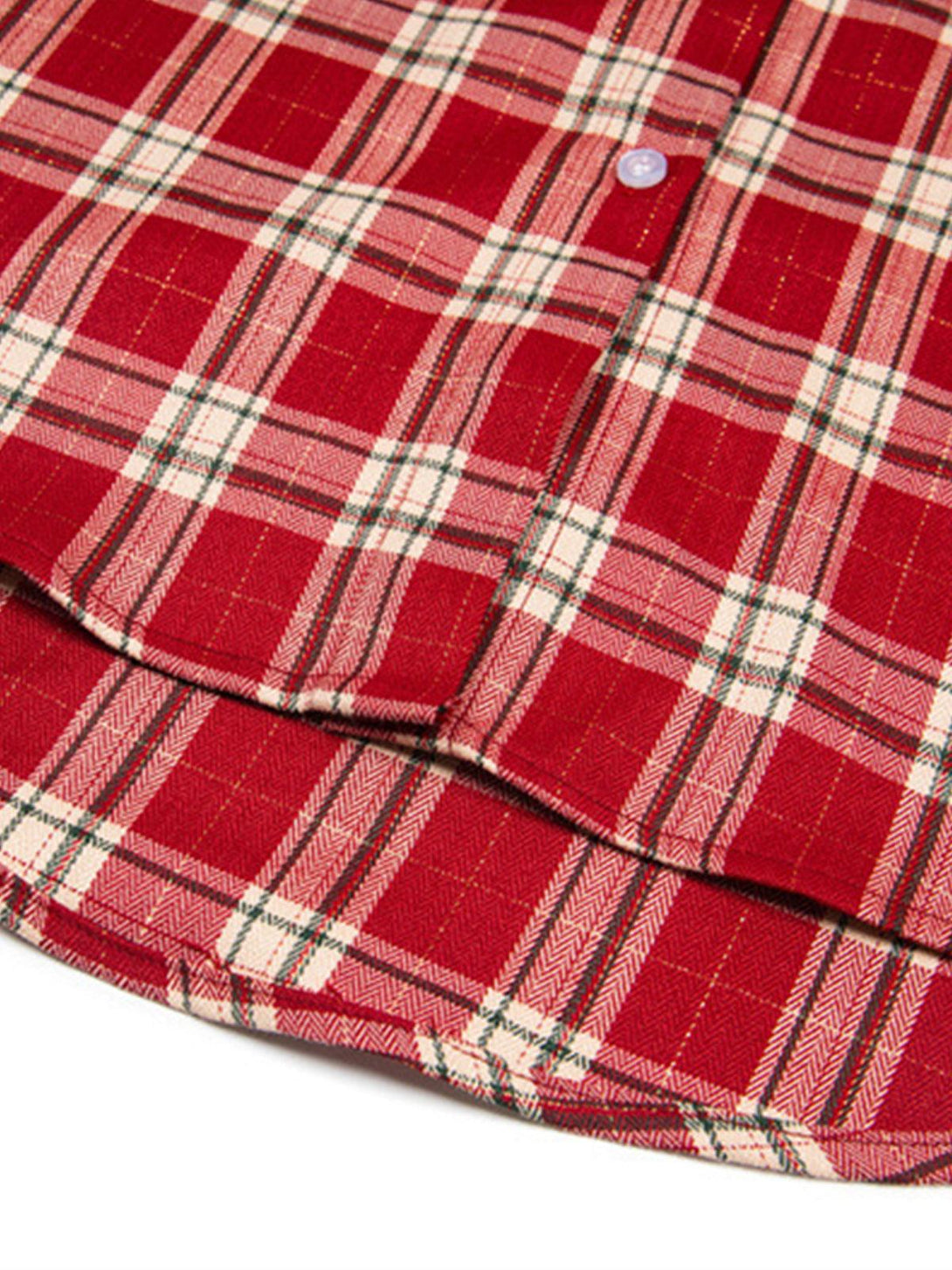Detailed fabric and stitching of TALISHKO's red plaid shirt, highlighting classic texture.