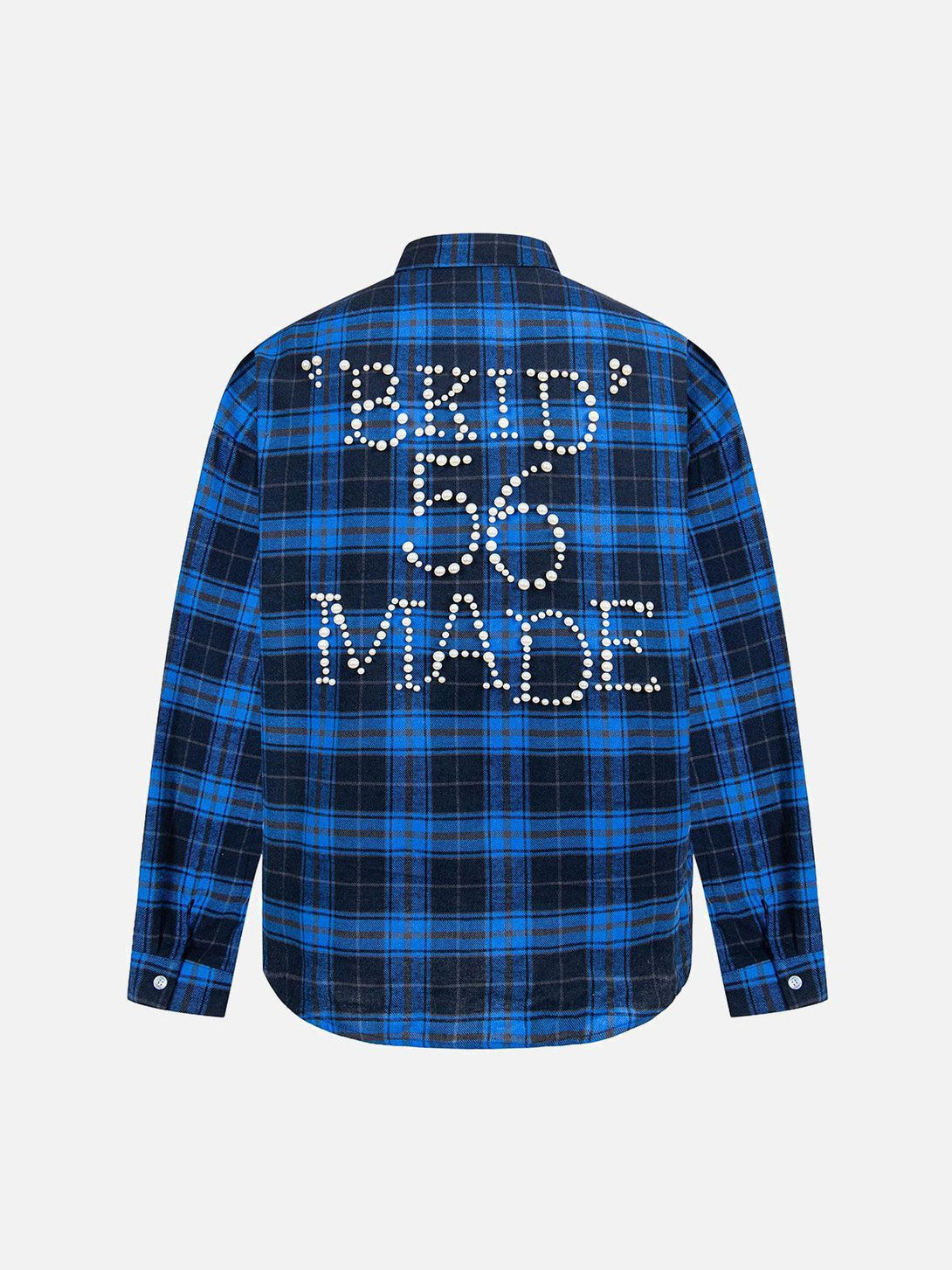 Back view of TALISHKO's blue plaid long sleeve shirt featuring bold white lettering design.