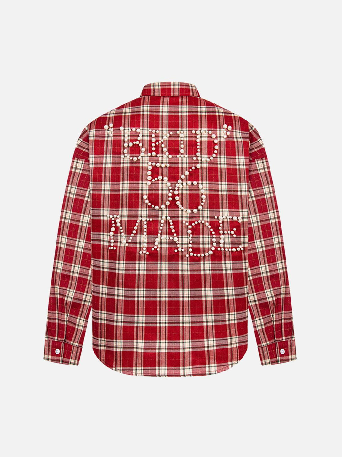 Back view of TALISHKO's red plaid long sleeve shirt featuring bold white pearl lettering.
