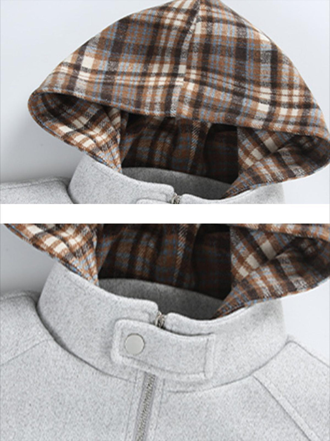 A detailed look at TALISHKO hoodie with plaid hood lining, showcasing its stylish texture.