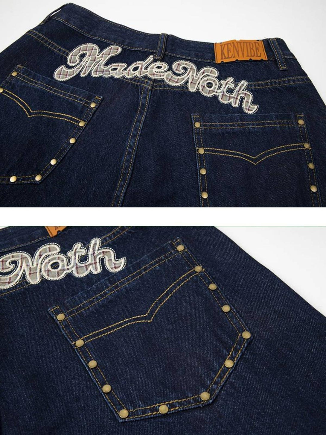 Detailed view of TALISHKO plaid panel jeans, highlighting embroidery and back pocket studs.