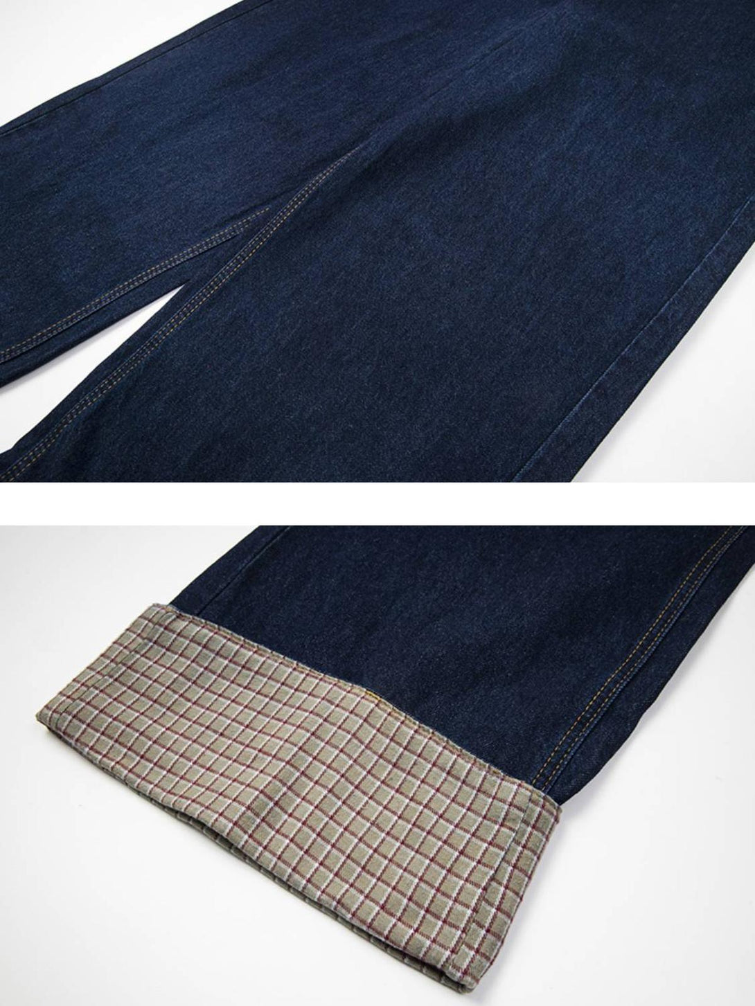 TALISHKO plaid panel jeans featuring a unique cuff detail for a stylish casual look.