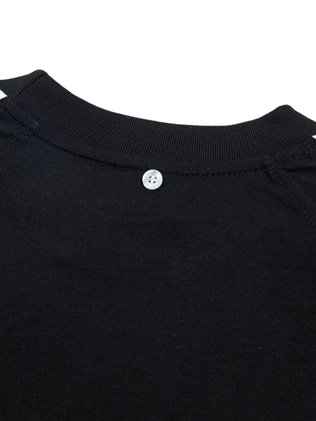 Intricate look at the black T-shirt neckline by TALISHKO, featuring unique button detail.