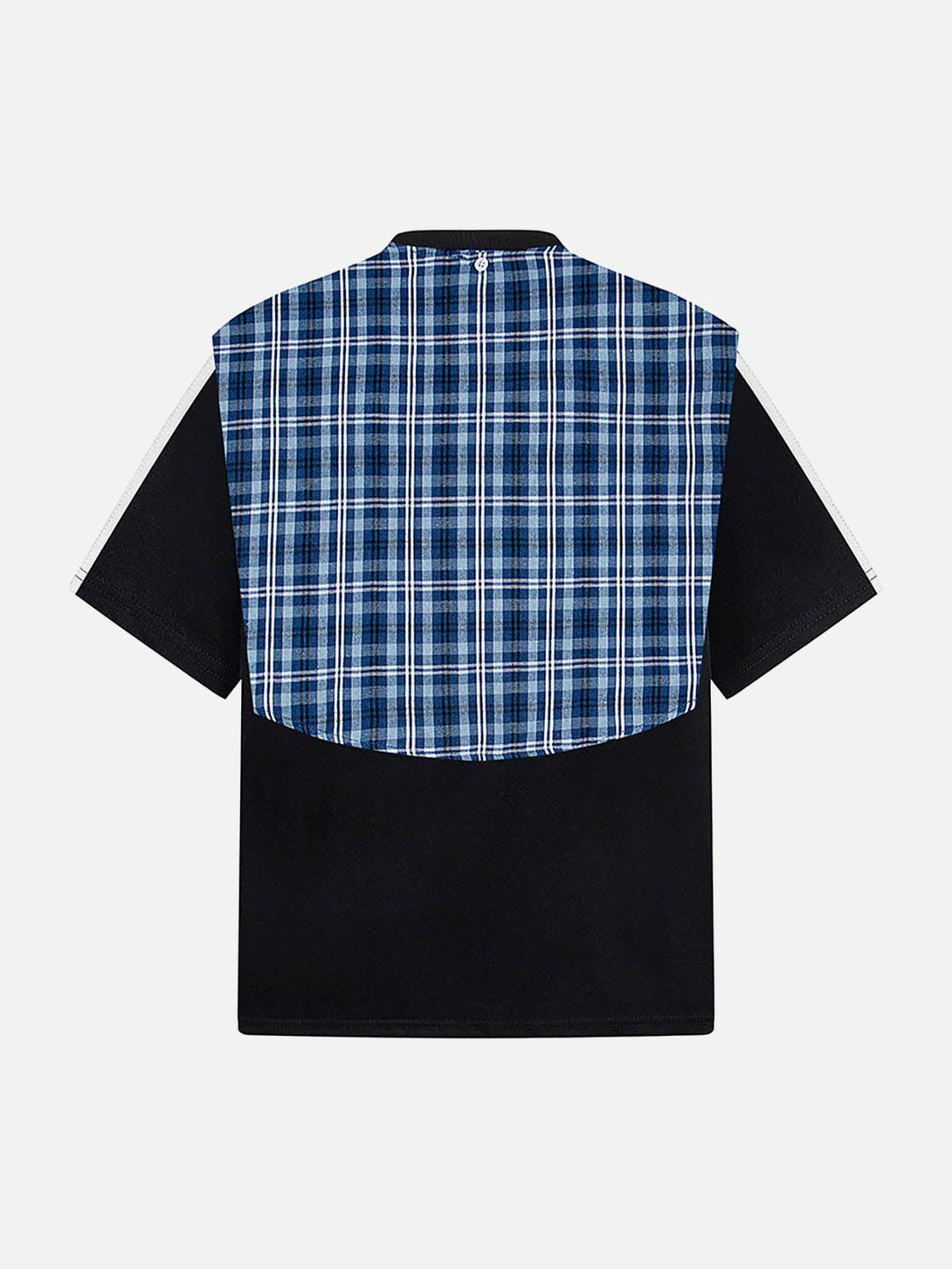 Back view of TALISHKO T-shirt featuring a blue plaid scarf detail on black fabric.
