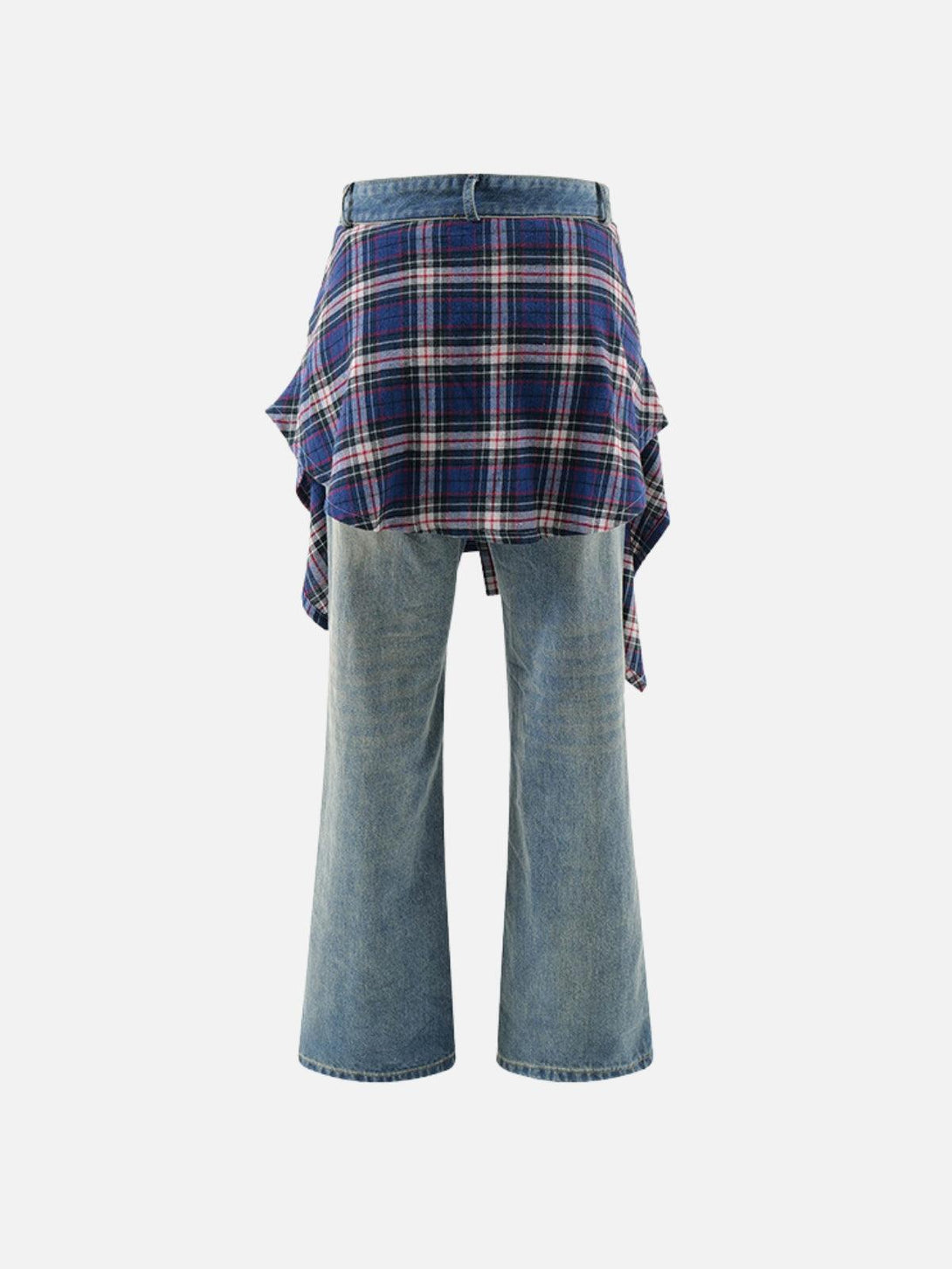 Back view of plaid patchwork jeans by TALISHKO, featuring denim with a flannel wrap style.