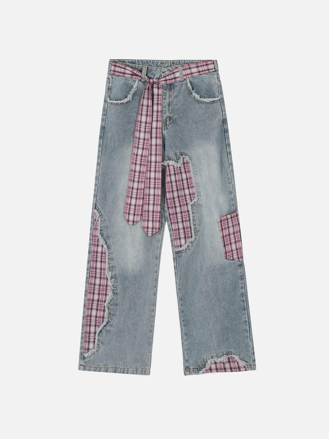 TALISHKO jeans with pink plaid patchwork and bow detail, offering a distinctive fashion statement.