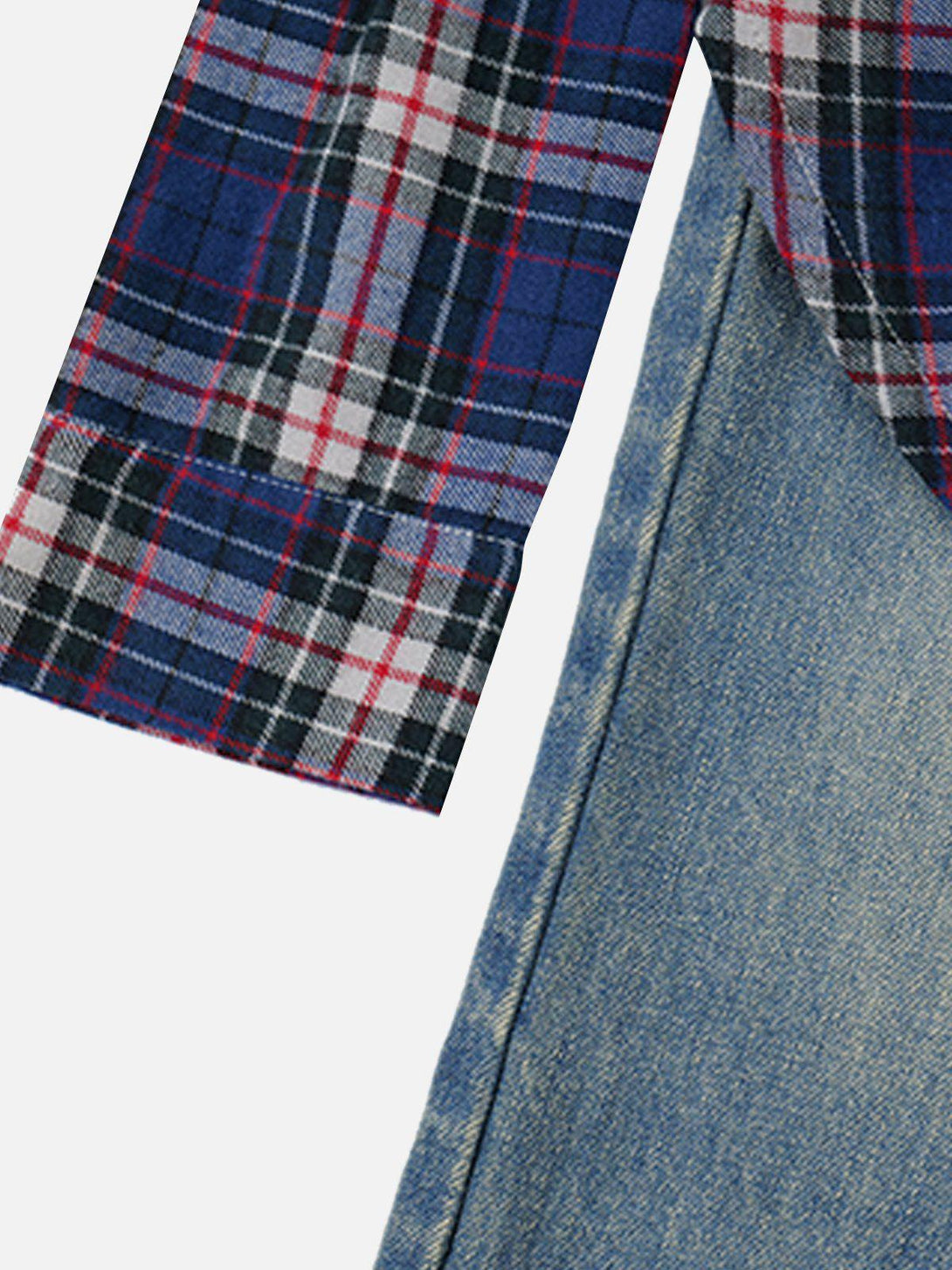 Plaid pattern and denim texture detail from TALISHKO jeans, showcasing unique patchwork design.