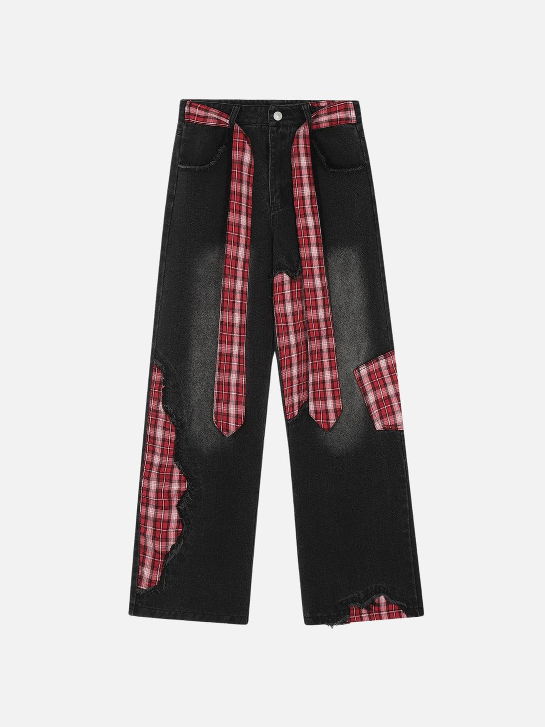 TALISHKO plaid patchwork jeans in black with red accents, showcasing a unique fashion twist.