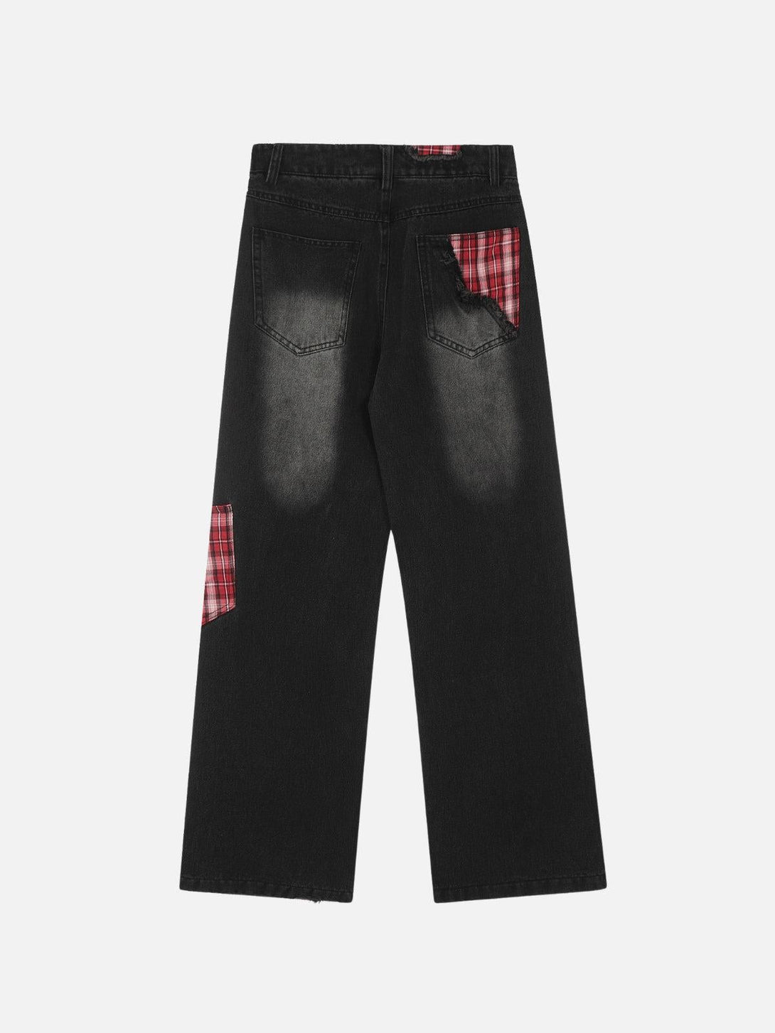 Back view of TALISHKO black jeans featuring red plaid patchwork for a trendy, edgy look.