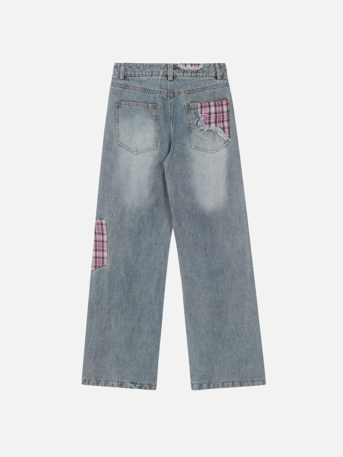 Back view of TALISHKO jeans with pink plaid patchwork, adding a unique touch to casual wear.