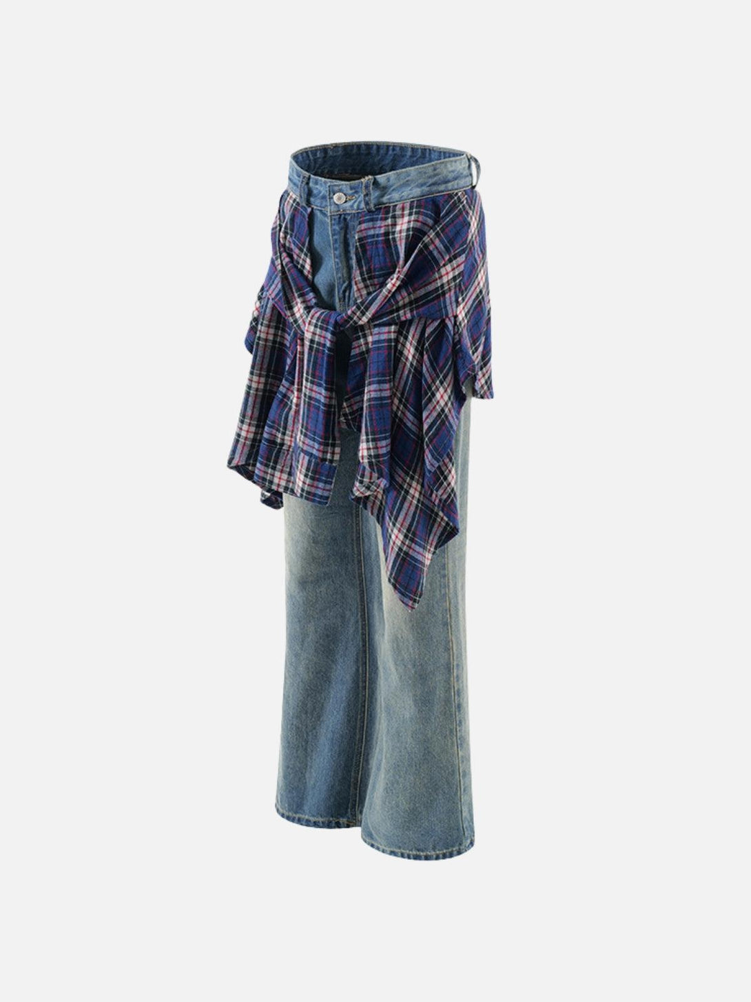 Plaid patchwork jeans by TALISHKO, showcasing a unique denim and flannel wrap style.