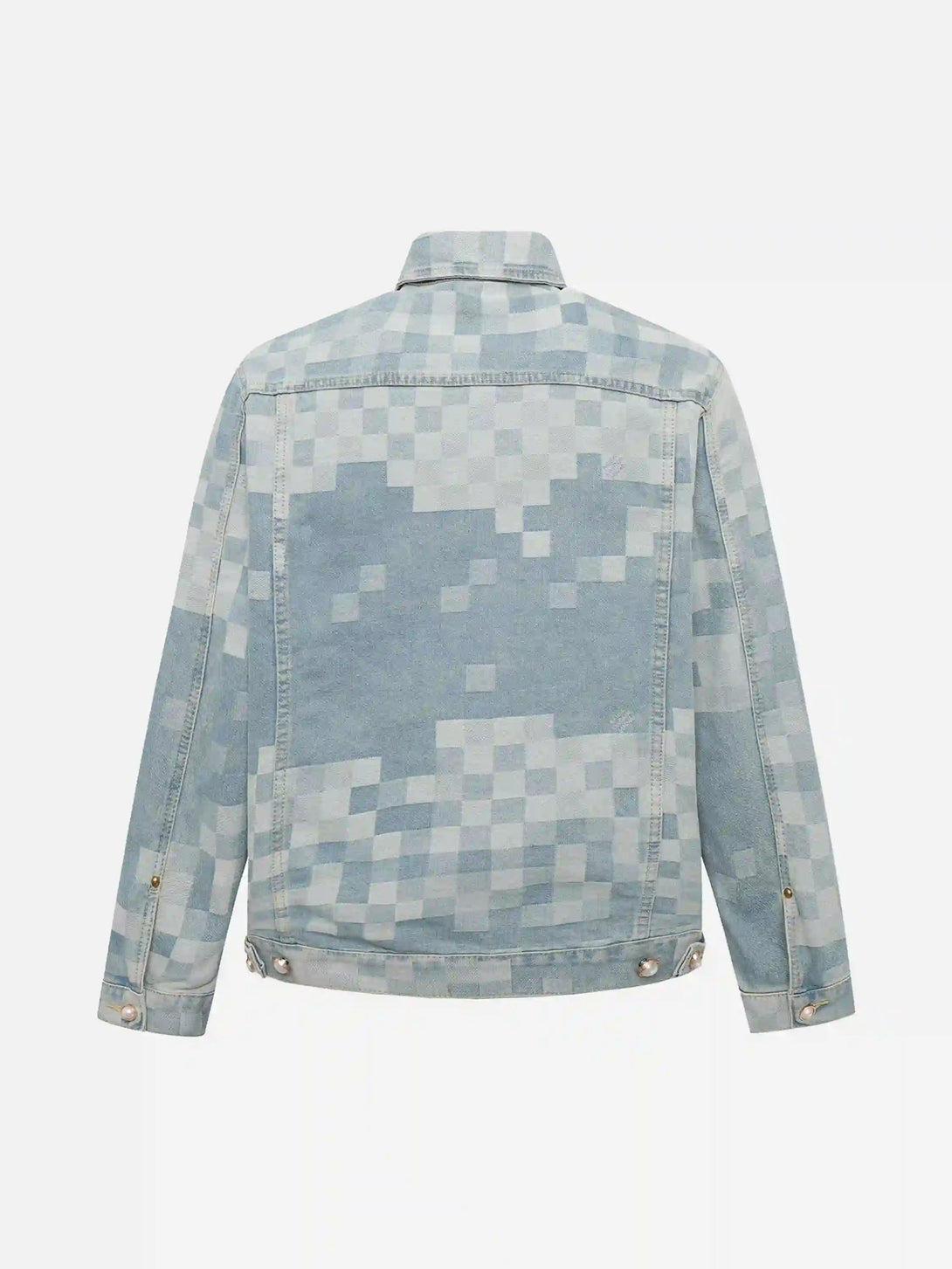 Back view of TALISHKO's denim jacket featuring a unique pixelated pattern and pearl buttons.