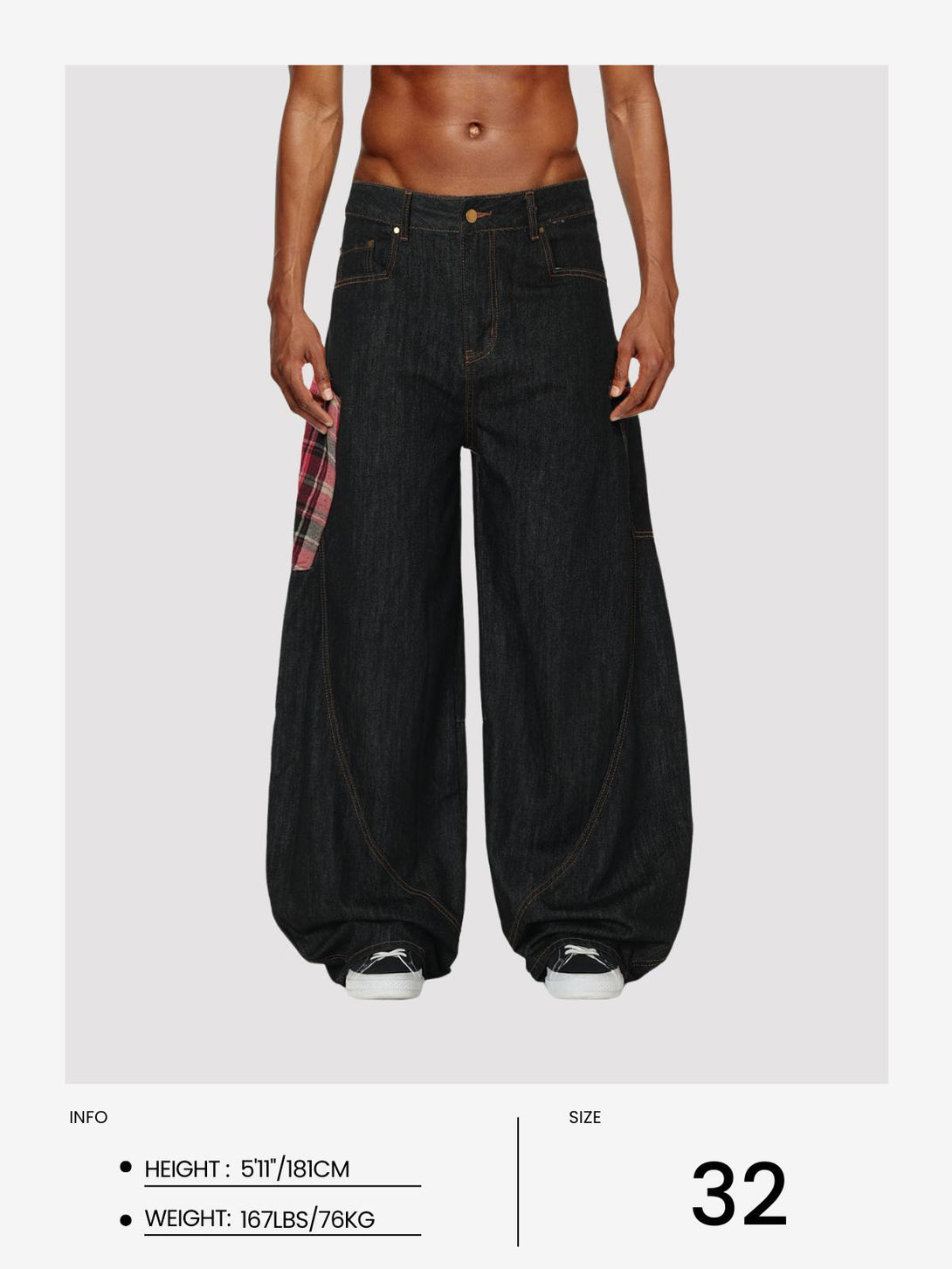 Model in TALISHKO barrel loose jeans with plaid pocket, highlighting unique street style.