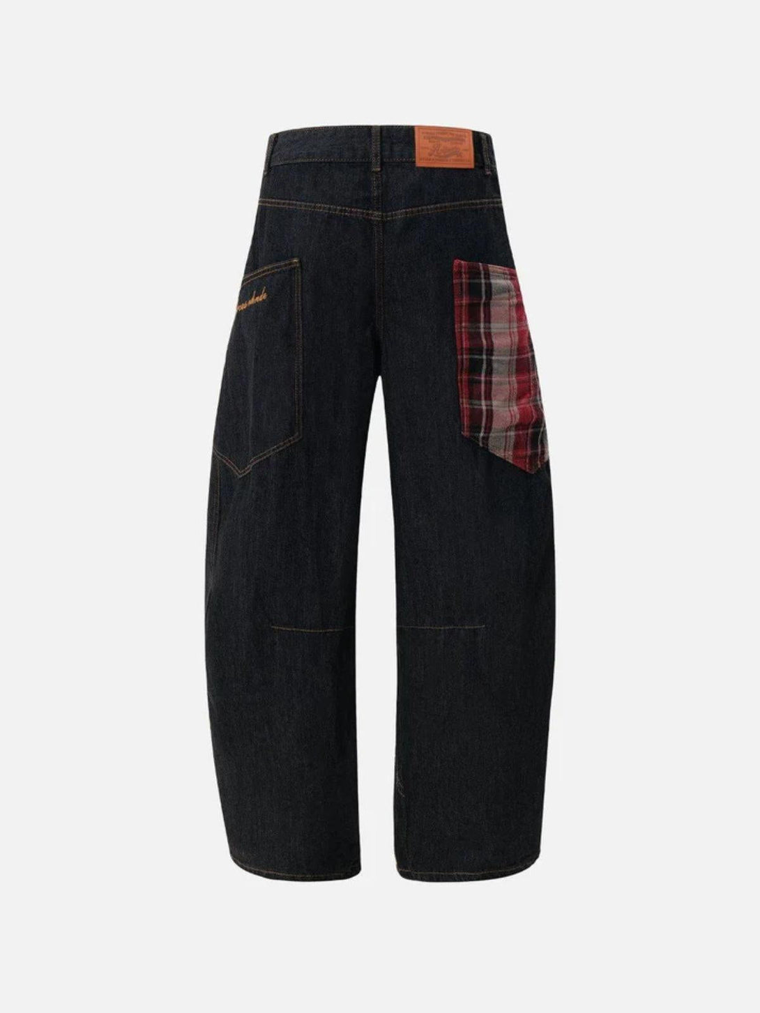 Back view of TALISHKO barrel loose jeans with distinctive plaid pocket detail.