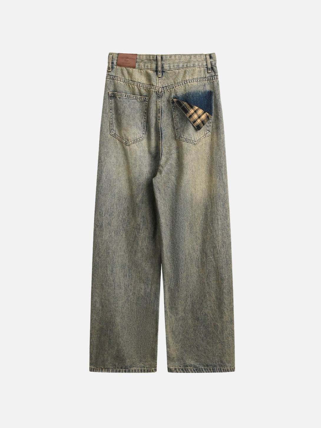 Back view of TALISHKO jeans with distinctive plaid pocket detail, highlighting a vintage wash.