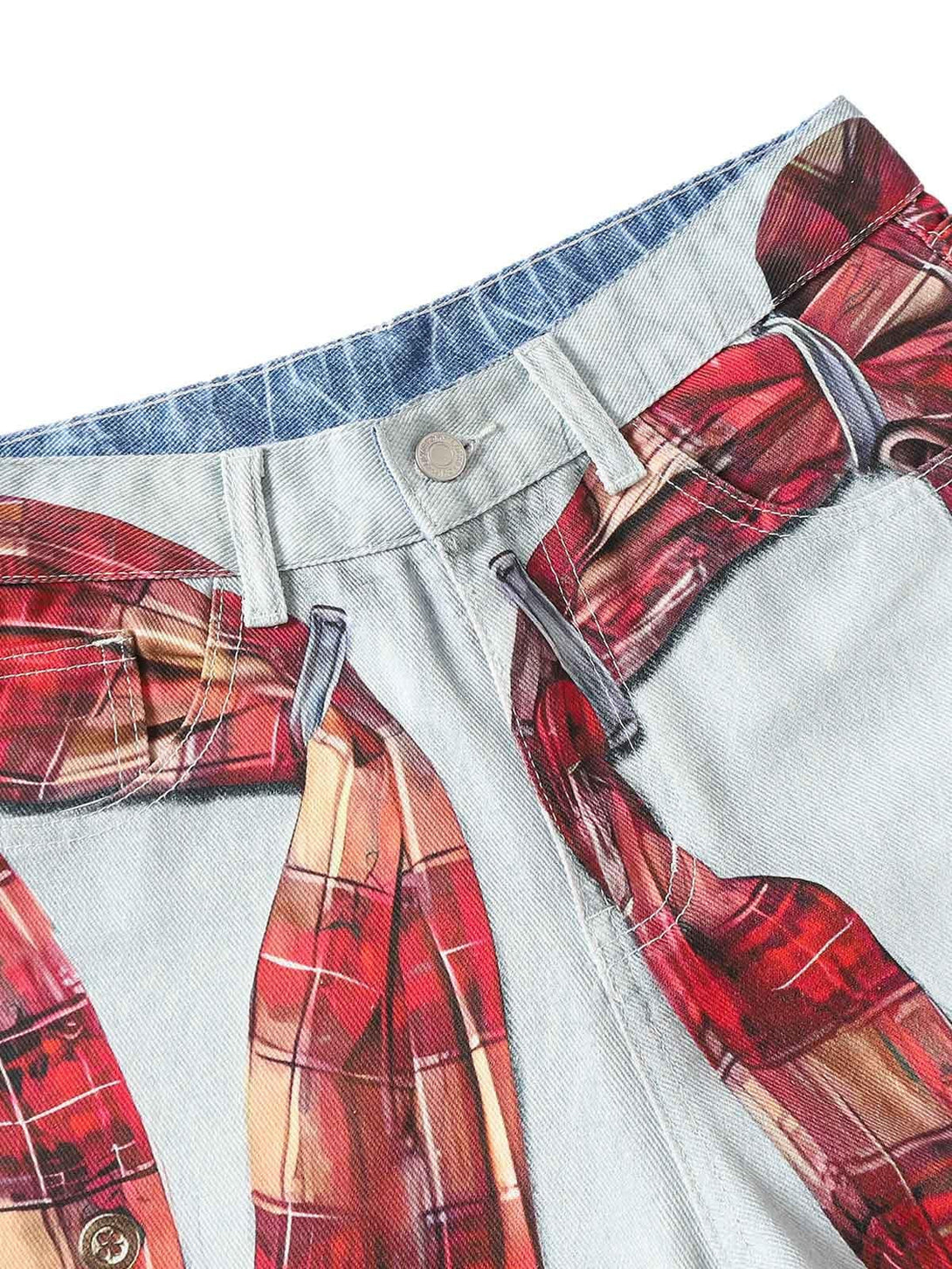 A detailed view of plaid print baggy jeans, highlighting unique design by TALISHKO.