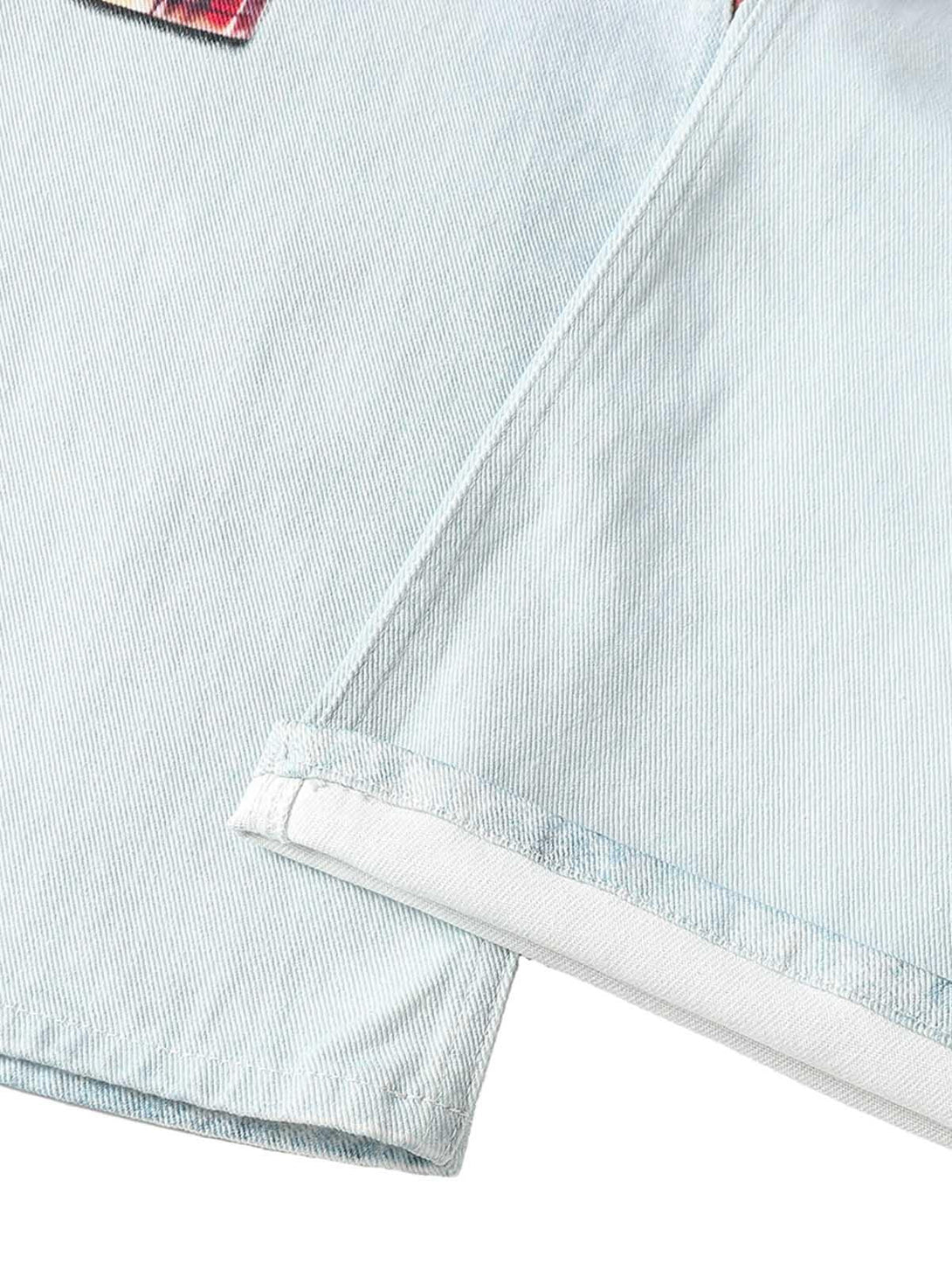 Detailed fabric and stitching of light blue baggy jeans by TALISHKO, highlighting craftsmanship.