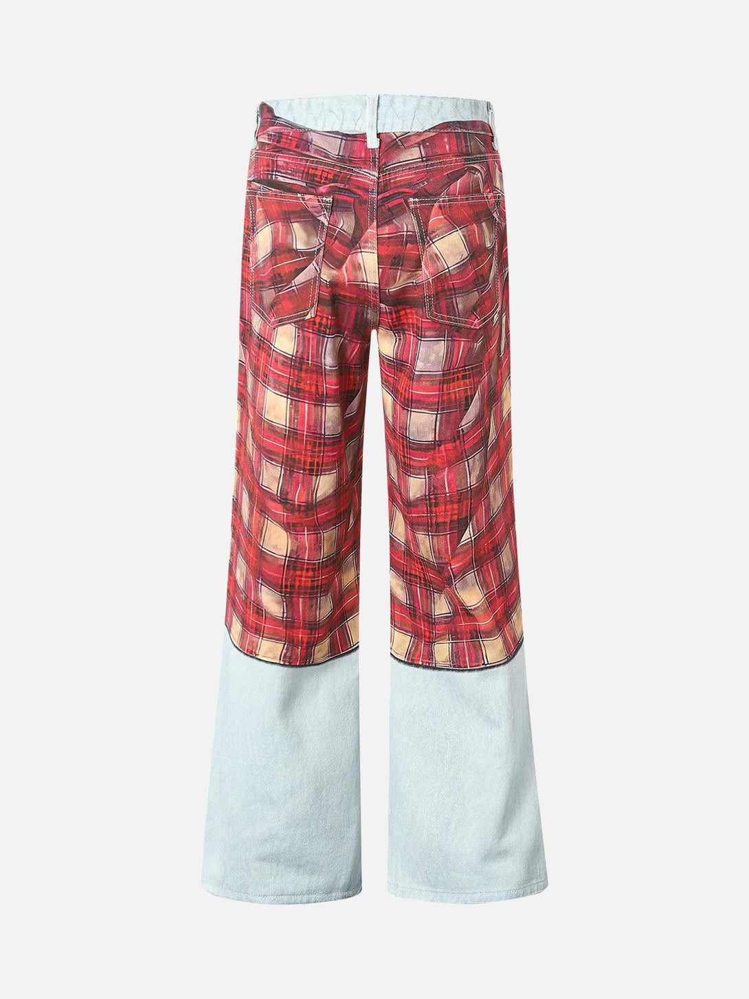 Back view of plaid print baggy jeans with light blue accents, crafted by TALISHKO.