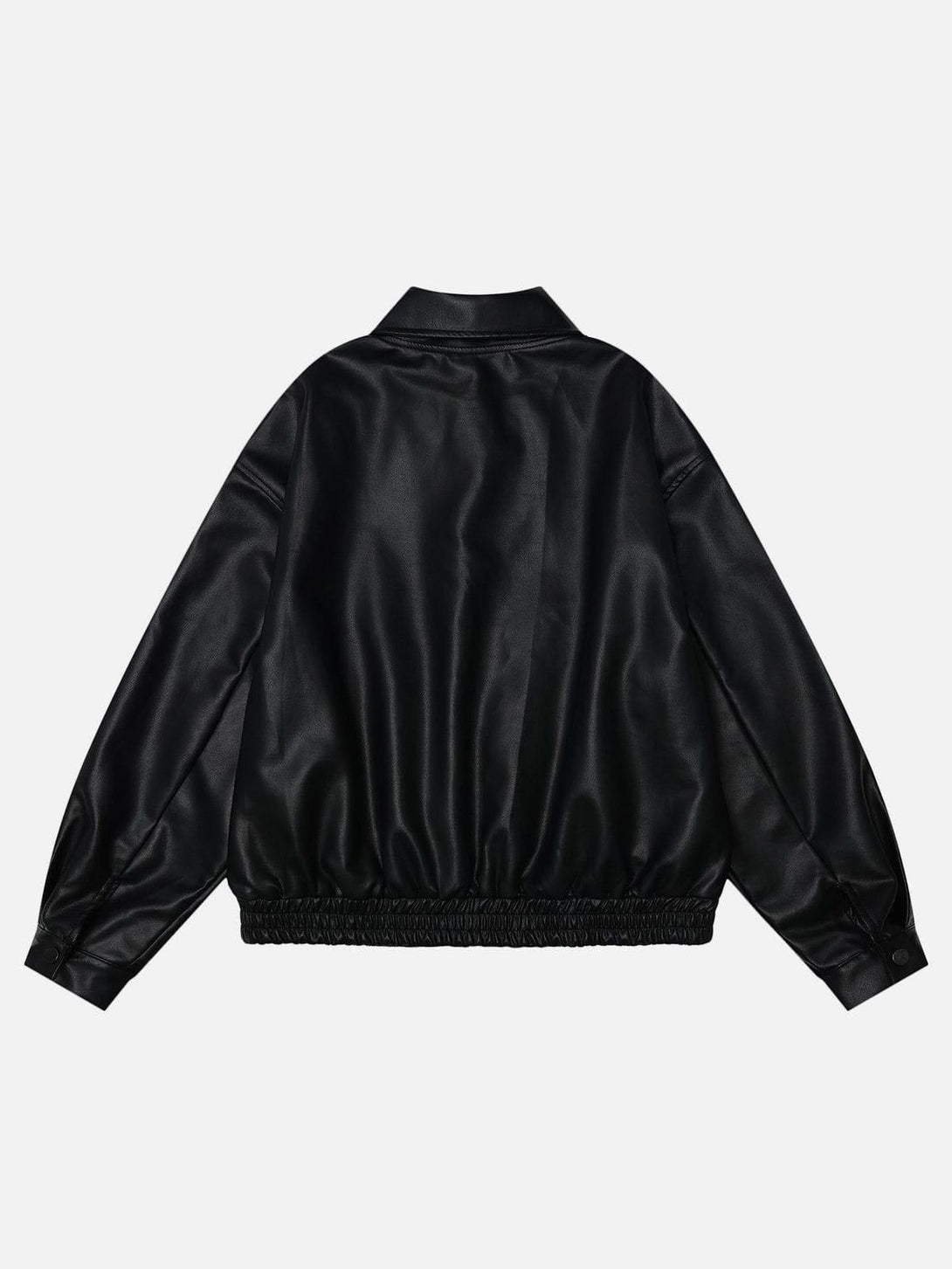 Back view of TALISHKO's black leather jacket, highlighting its sleek design and elastic hem.