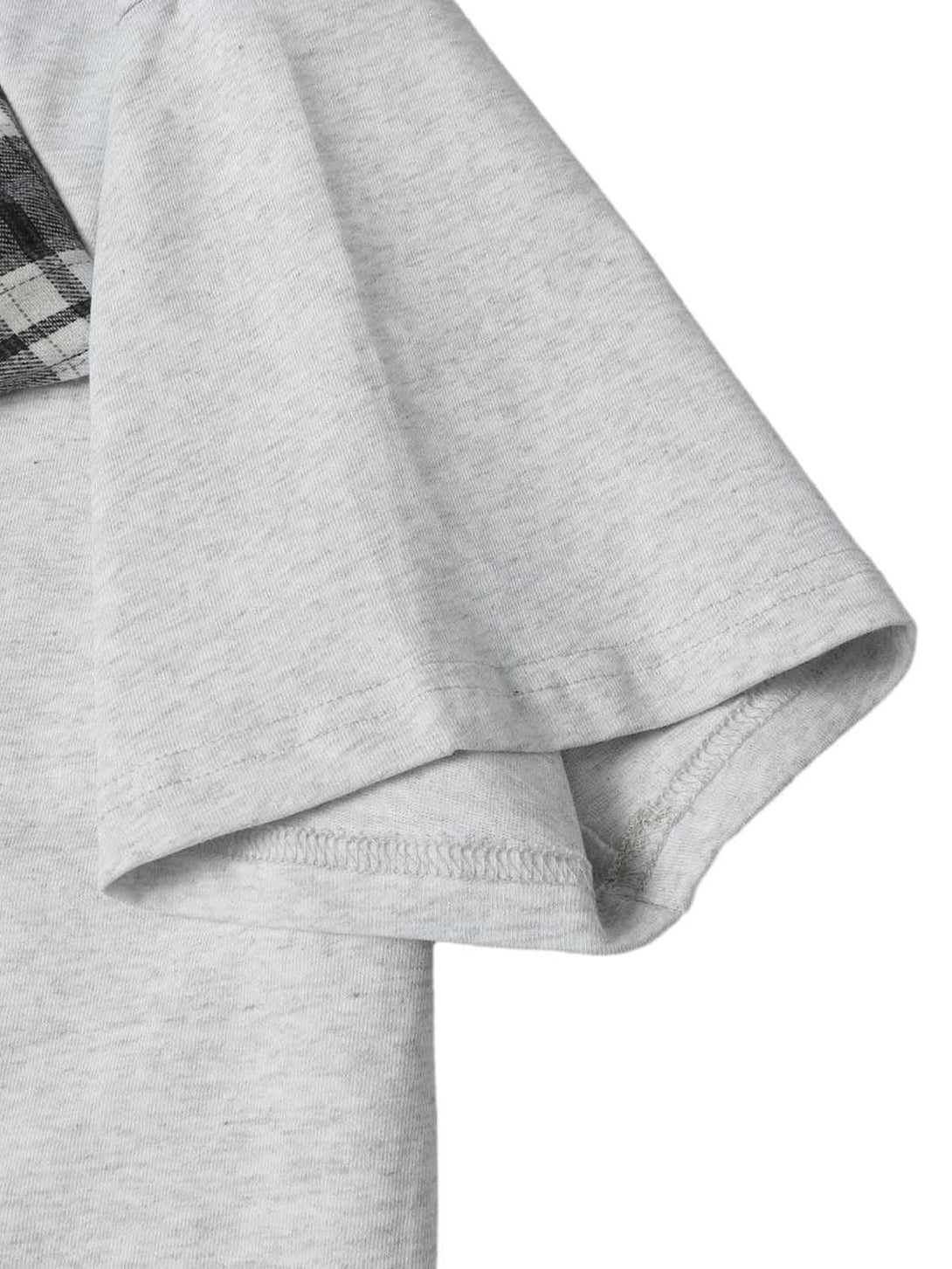 A detailed view of the sleeve on a gray crew neck T-shirt with plaid detail, by TALISHKO.