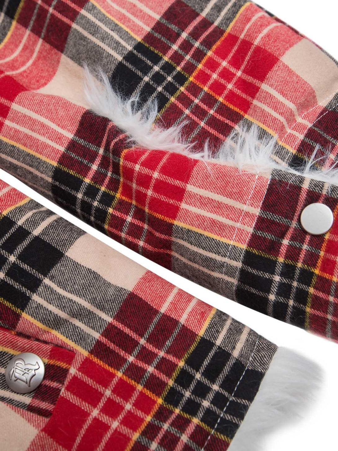Intricate view of TALISHKO's plaid pattern and button detail, emphasizing cozy design elements.