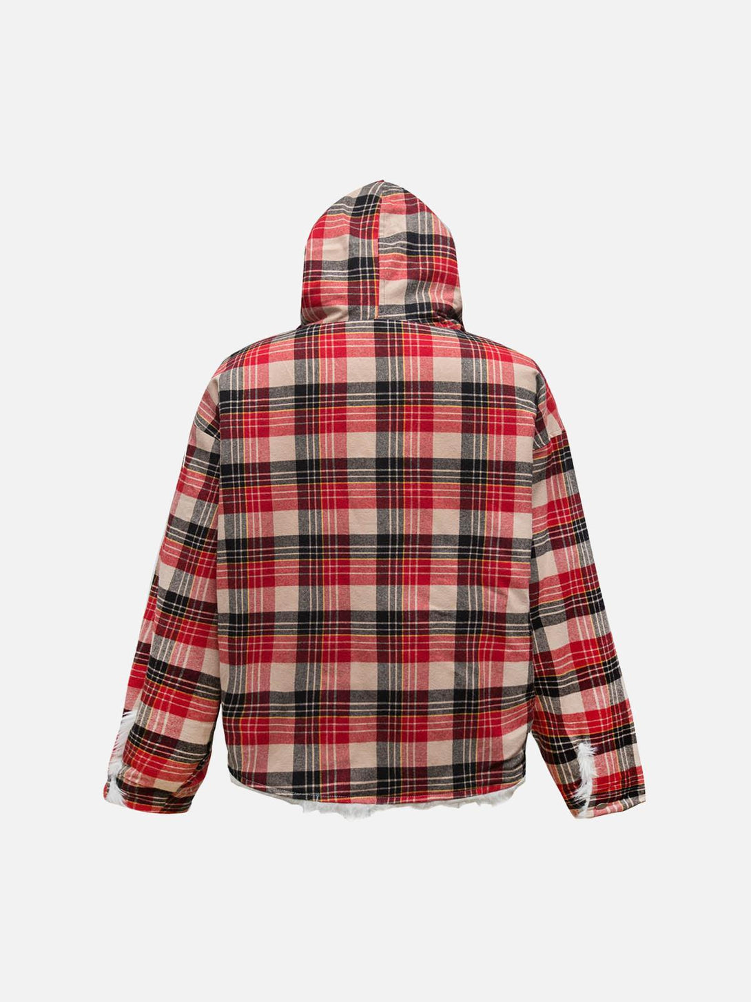 Rear view of a red plaid hooded jacket with sherpa lining by TALISHKO, showcasing cozy style.
