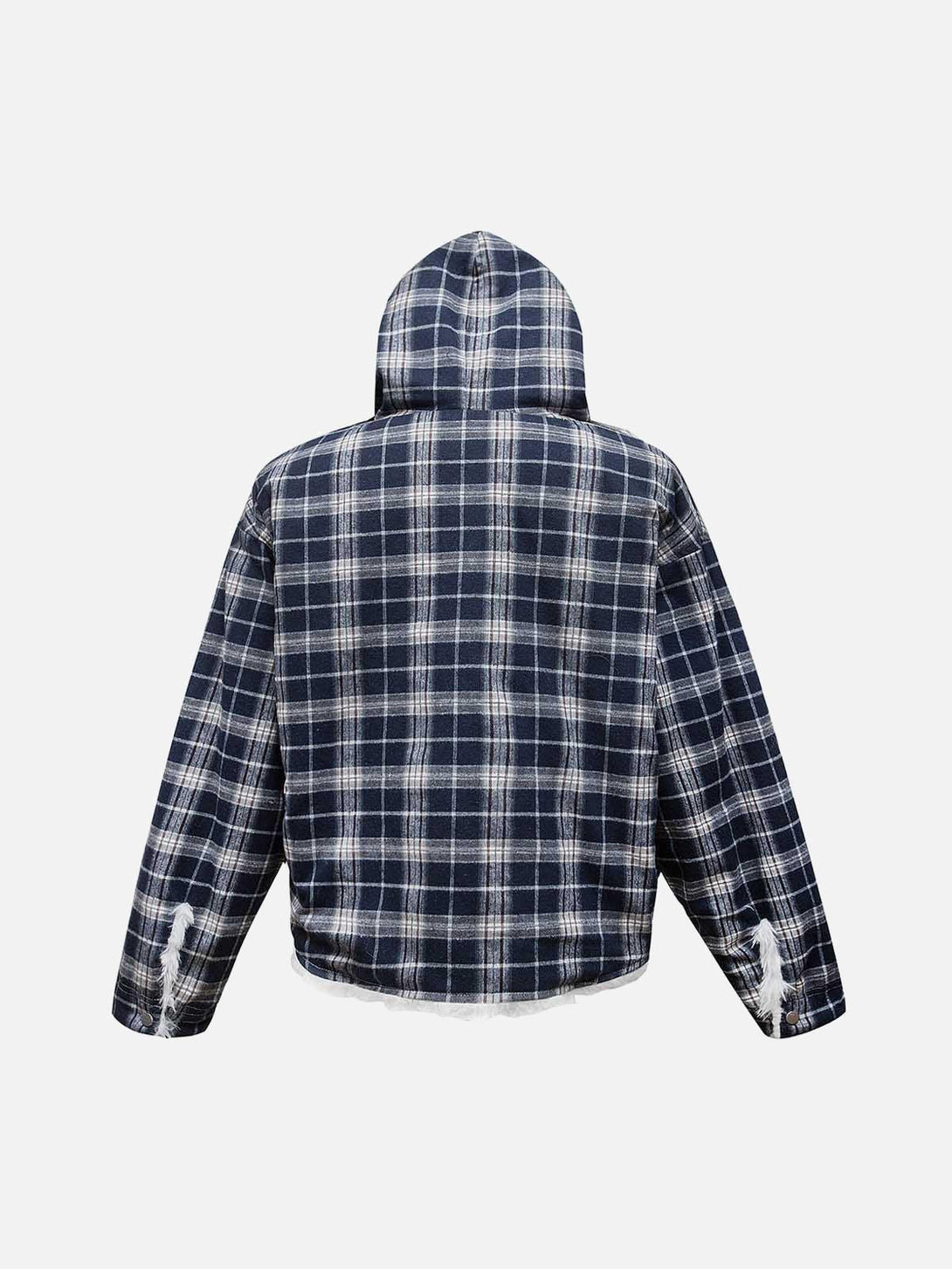 Rear view of a blue plaid hooded jacket with sherpa lining by TALISHKO, offering casual comfort.