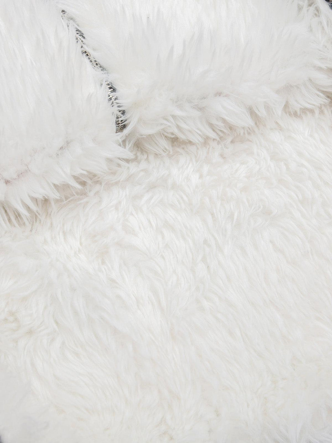 Detailed fabric and stitching of TALISHKO's sherpa-lined fur hooded jacket, highlighting plush texture.