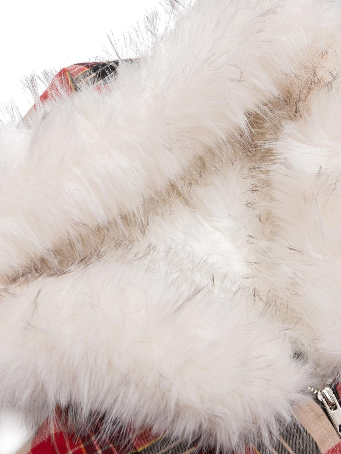 A tight crop highlighting TALISHKO's plush fur hood and plaid fabric, perfect for cozy layering.
