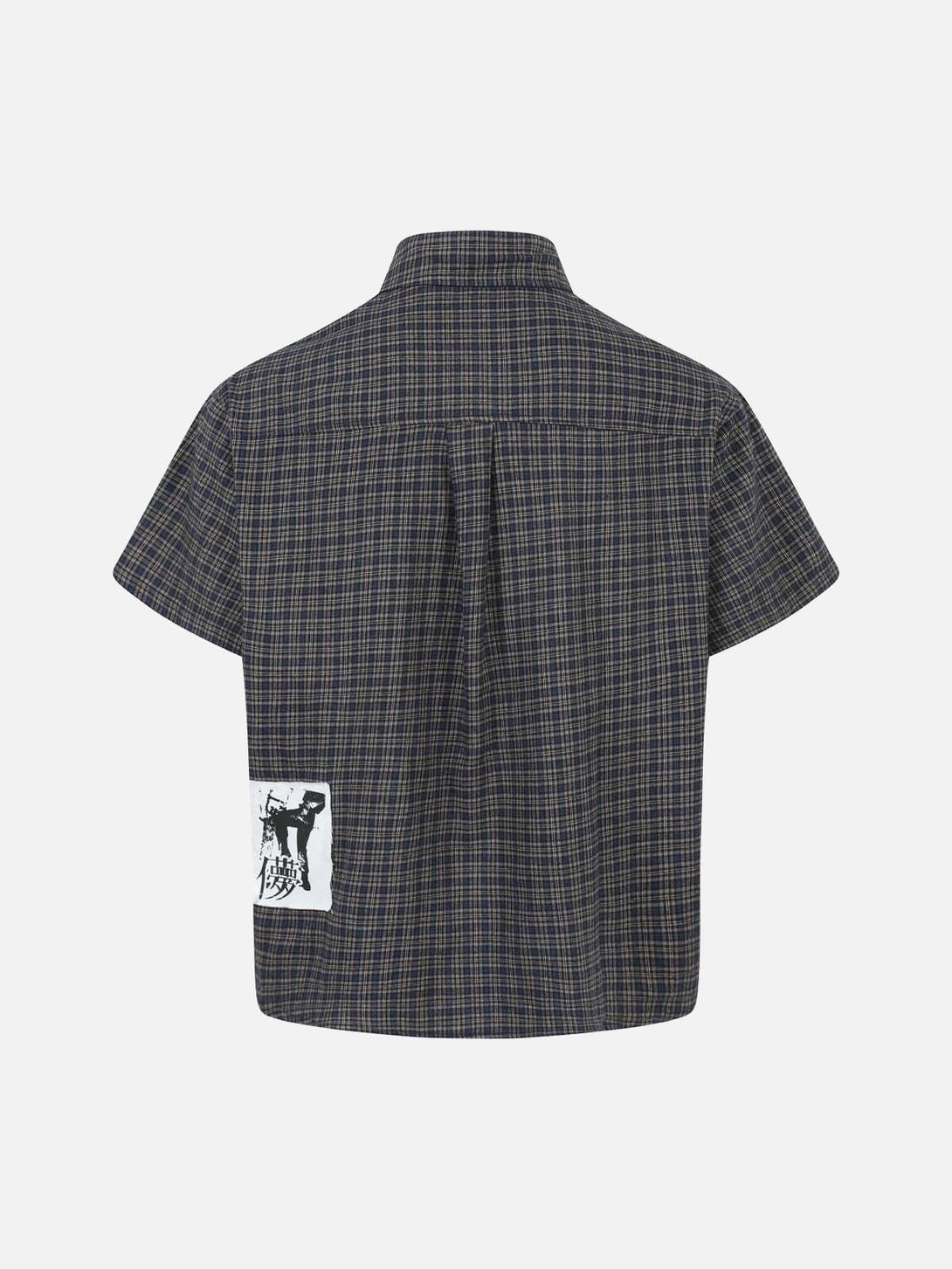 Back view of TALISHKO plaid short sleeve polo shirt featuring a distinctive patch detail.