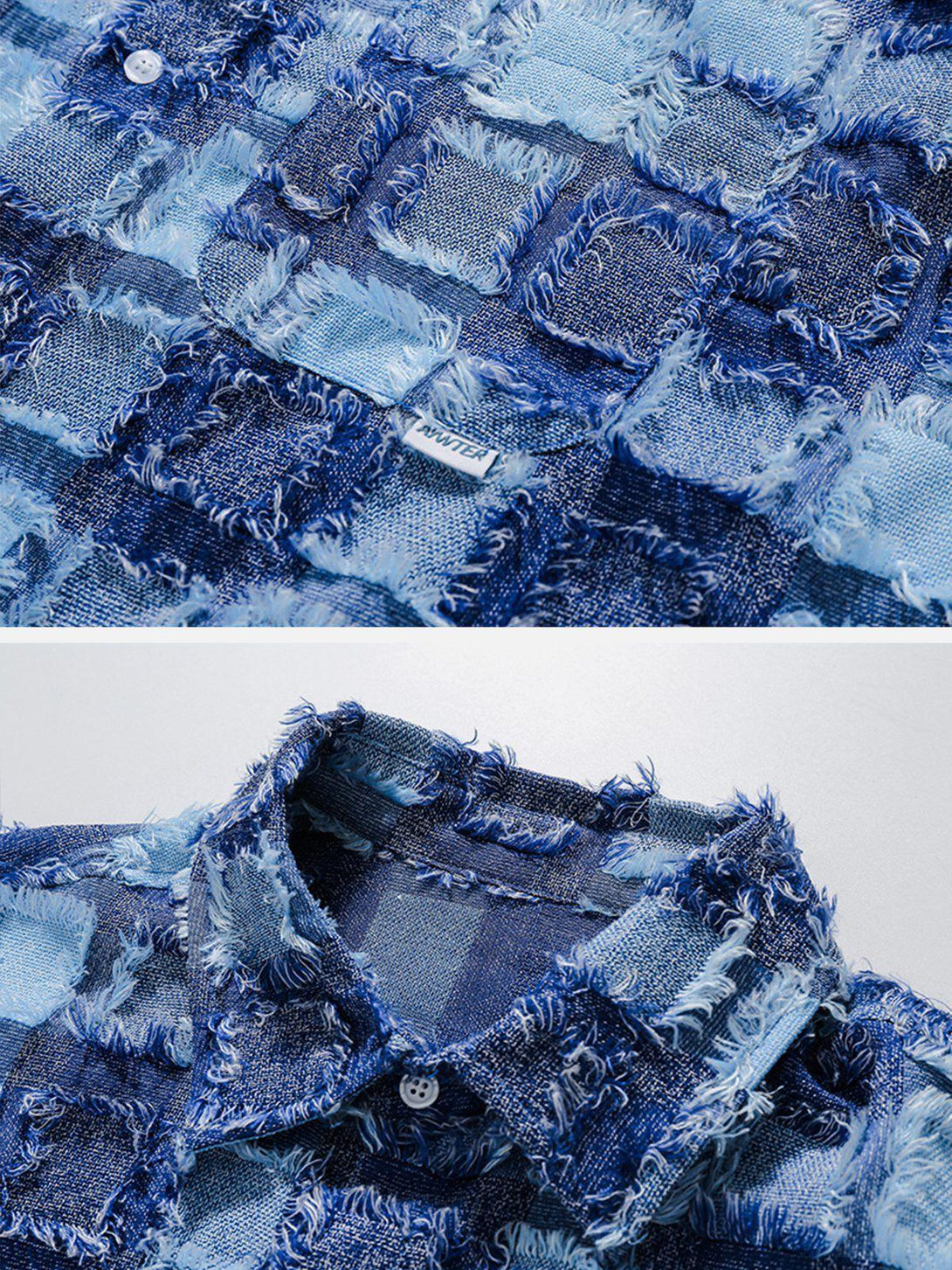 Intricate look at TALISHKO's blue plaid short sleeve shirt, highlighting its textured fabric.