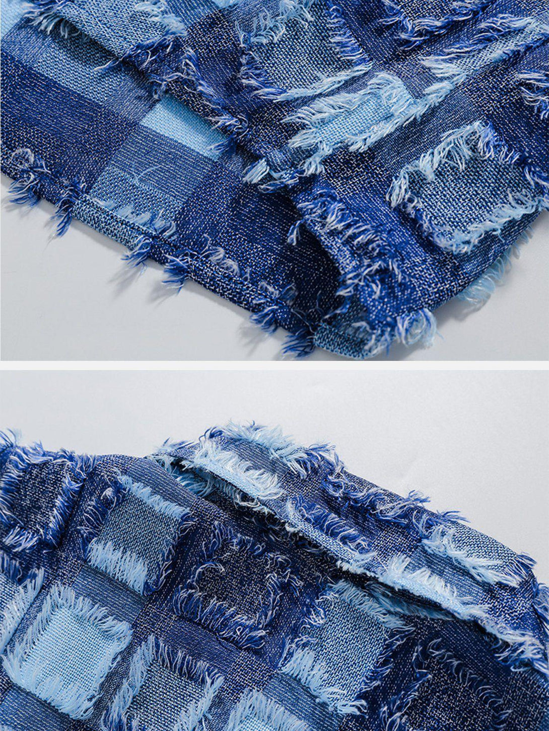 Detailed fabric and stitching on TALISHKO's plaid short sleeve shirt, highlighting its texture.
