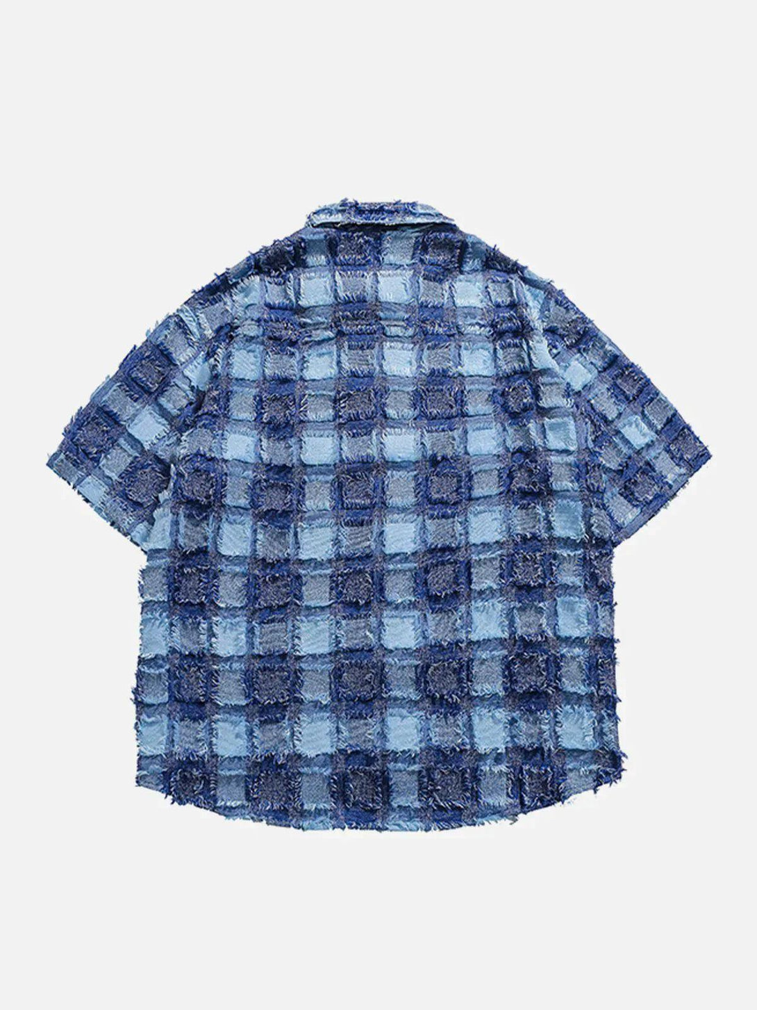 Back view of a blue plaid short sleeve shirt by TALISHKO, showcasing a textured pattern.