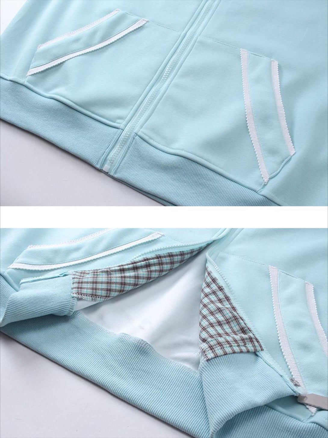 A close-up of TALISHKO's plaid-stacked color hoodie, highlighting pocket and interior details.