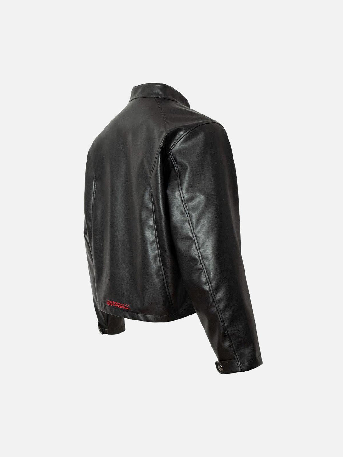 Back view of TALISHKO black leather jacket showcasing sleek design and subtle red accents.
