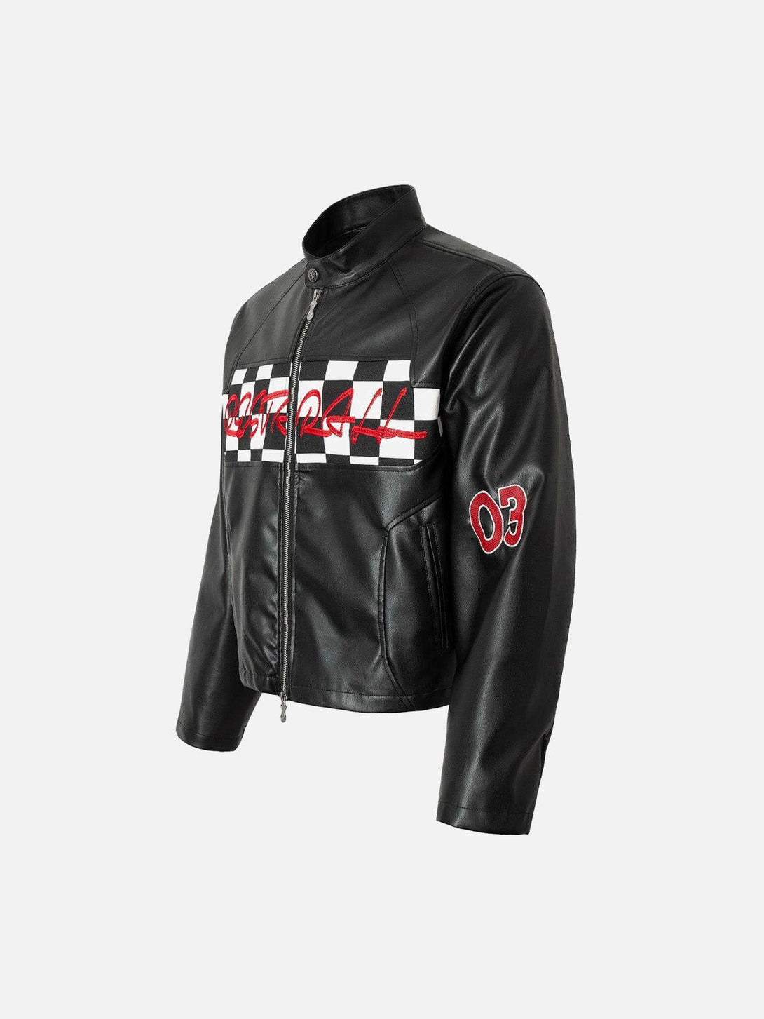 Black leather motorcycle jacket by TALISHKO with red accents and checkered pattern on front.