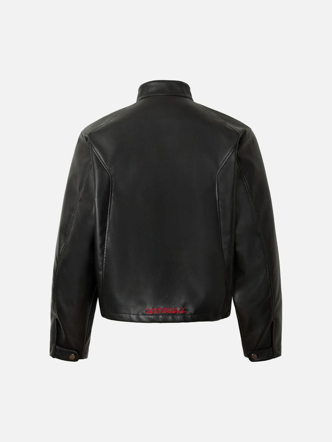 Back view of TALISHKO black leather motorcycle jacket with red stitching detail.