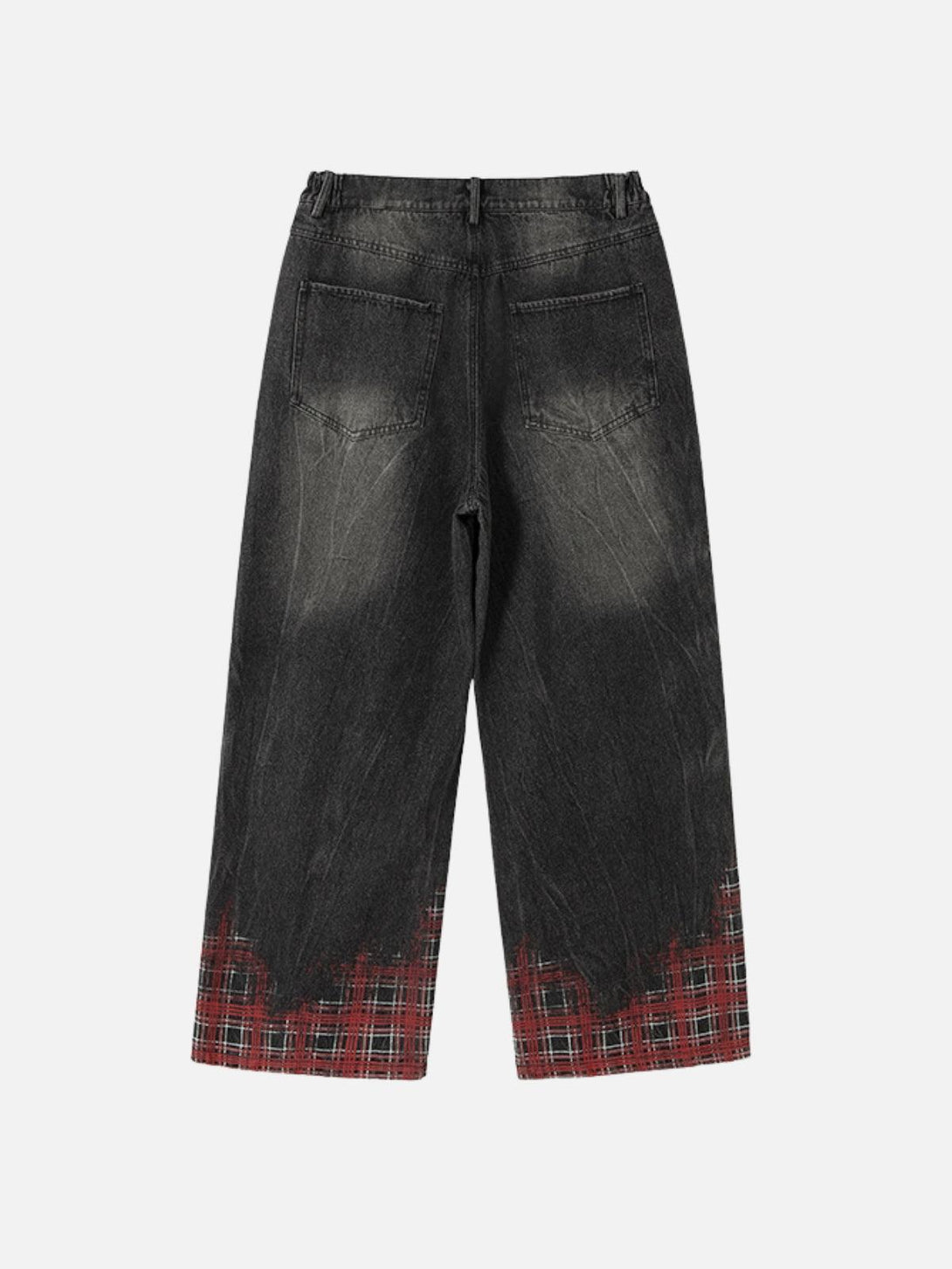Back view of TALISHKO loose jeans with plaid hem and washed print design.