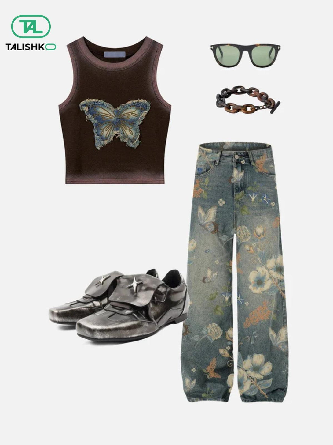 Floral-themed ensemble featuring TALISHKO butterfly top and jeans with botanical prints.