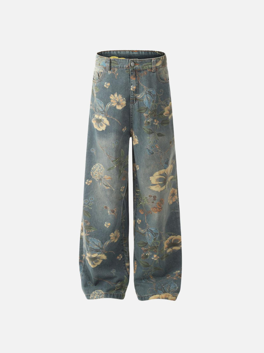 Floral print jeans featuring a wide-leg silhouette by TALISHKO, showcasing intricate botanical patterns.