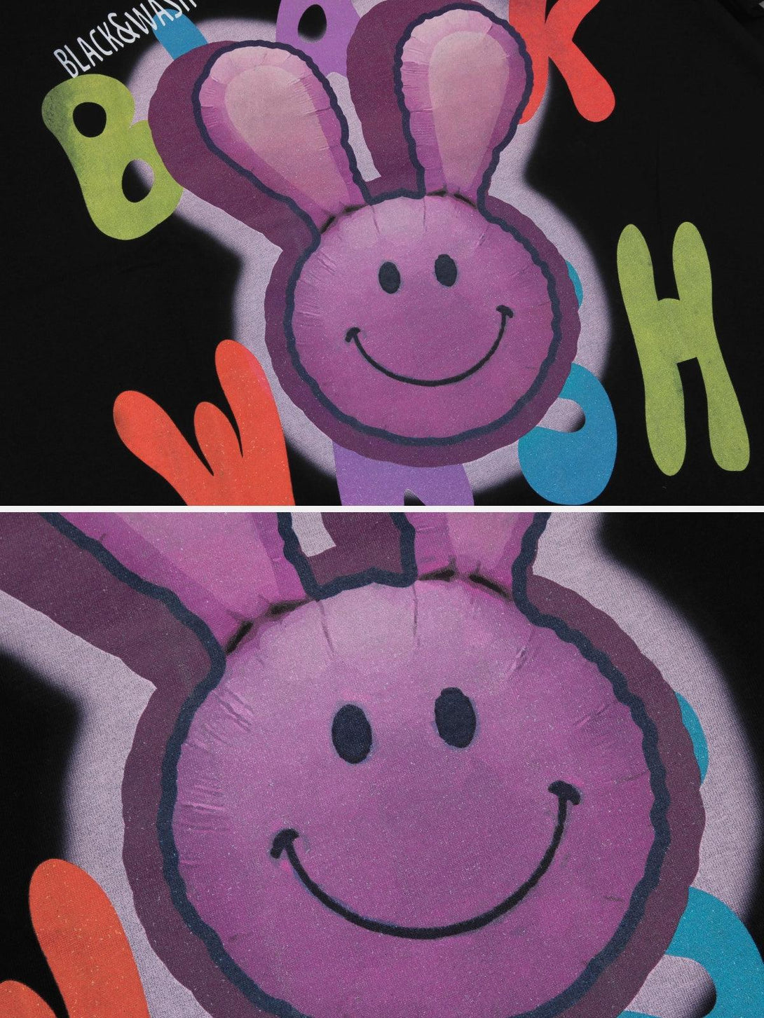 TALISHKO tee featuring a whimsical bunny pop art design with vibrant colors, detailed view.